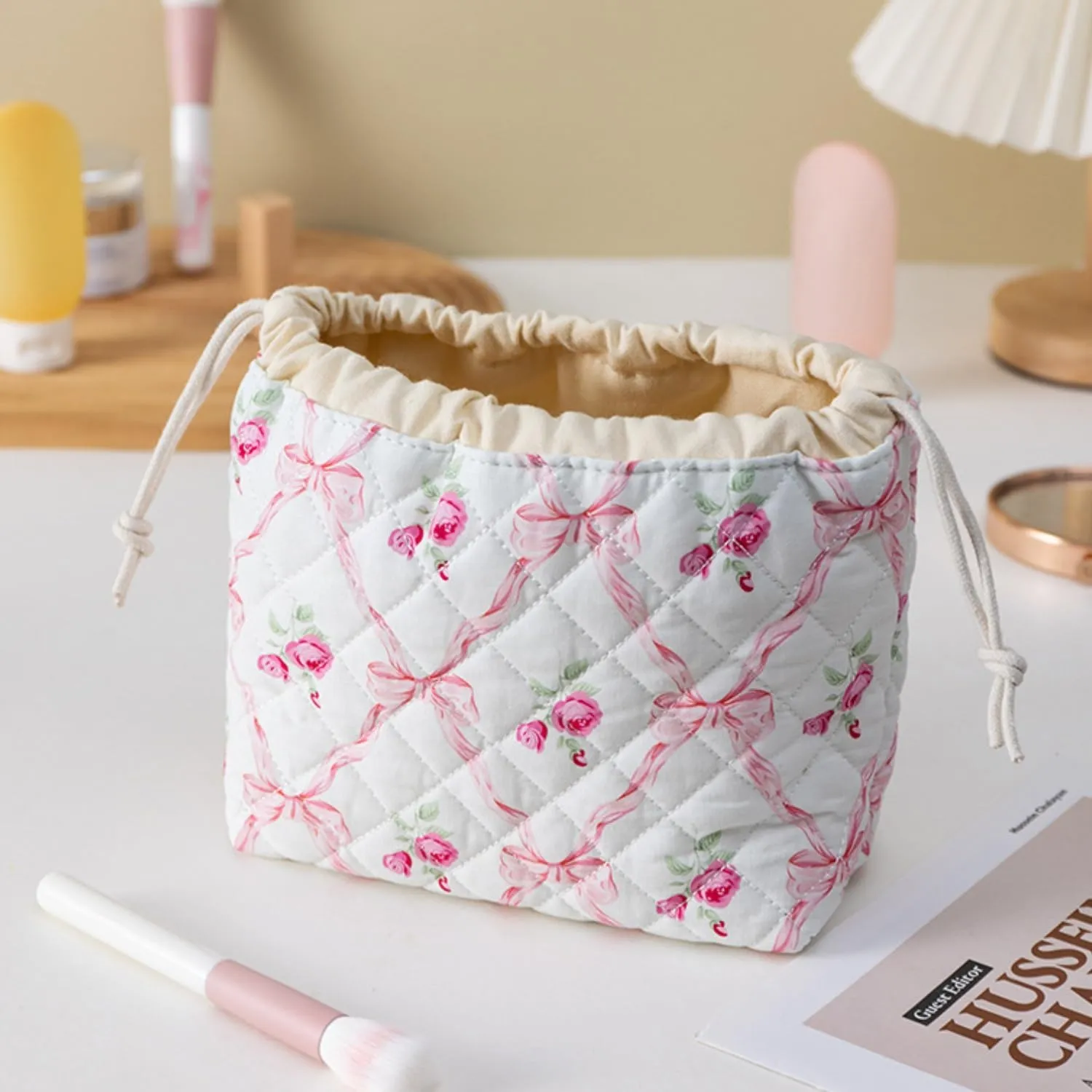 Quilted Drawstring Makeup Bag with Canvas Lining, Floral Coquette Aesthetic Cute Cotton Travel Toiletry Bag for Women and Girls (Rose Pink)