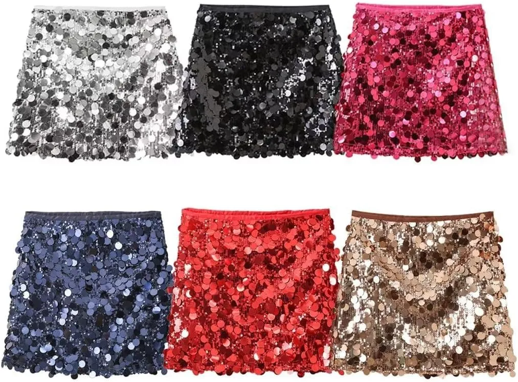 RanRui Sequin Mini Skirt for Women - High Waist, Satin