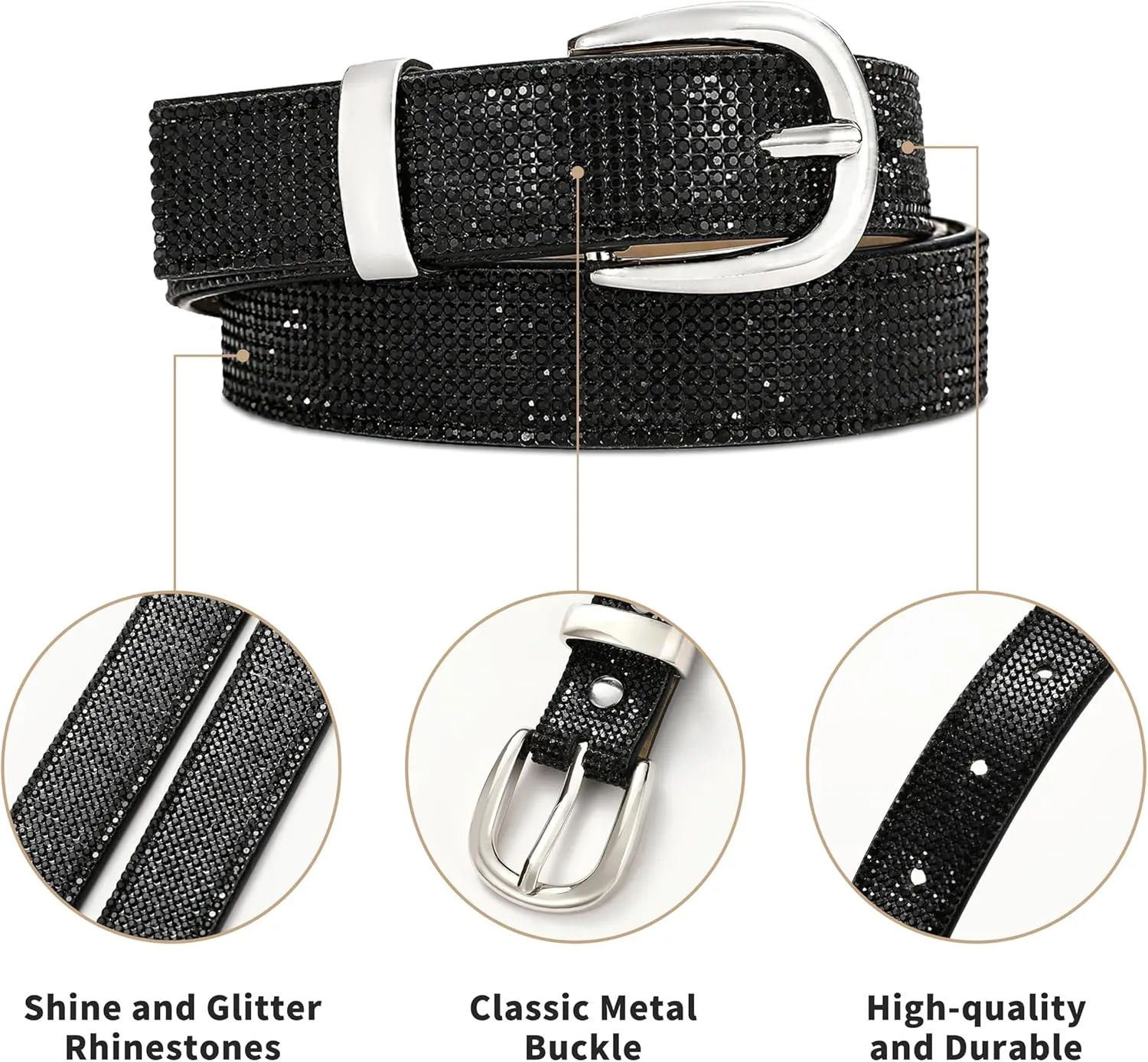 Rhinestone Belt for Women, Sparkly Diamond Belts for Womens Dresses, Ladies Glitter Belts for Jeans