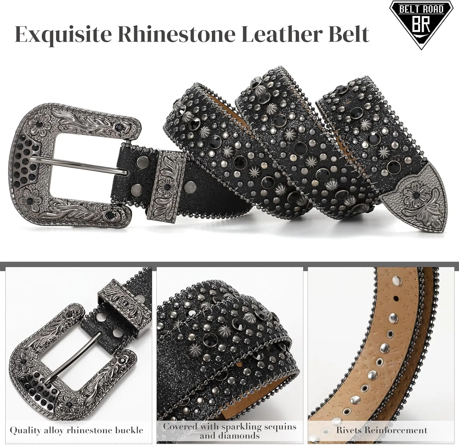 Rhinestone Belt Goth Bling Belts for Women and Men Western Cowboy Cowgirl Belts for Jeans, Halloween Belt