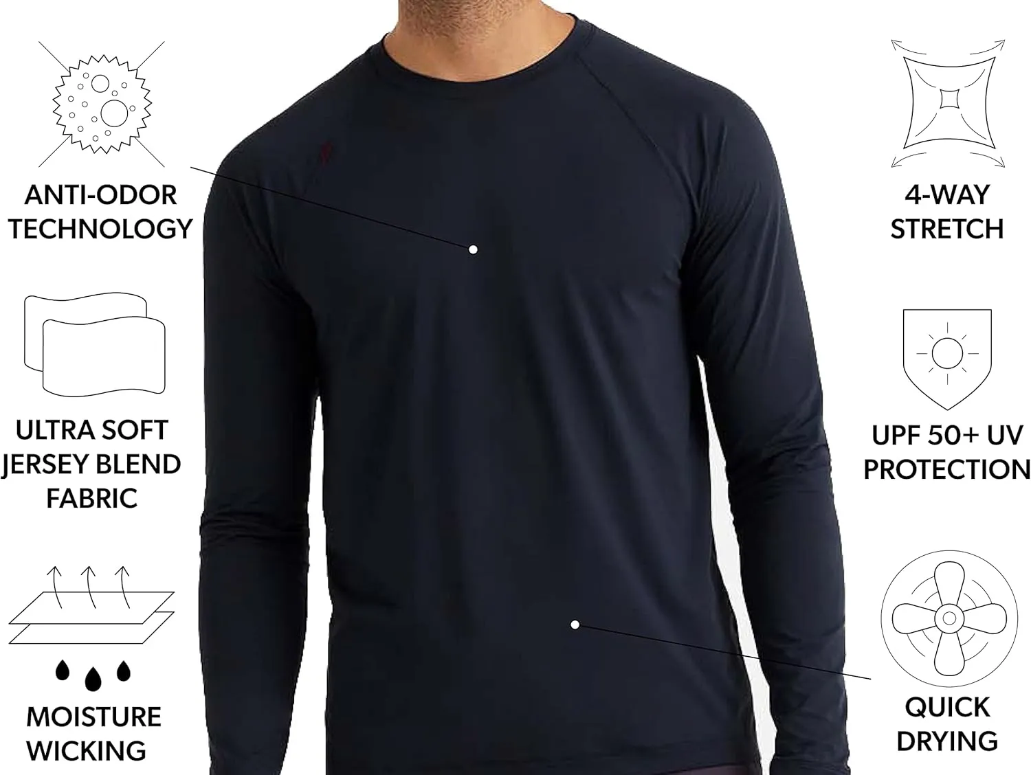 Rhone Reign Mens Long Sleeve Workout Shirts, Anti-Odor, Quick Dry Mens Gym Shirts, UPF 50 