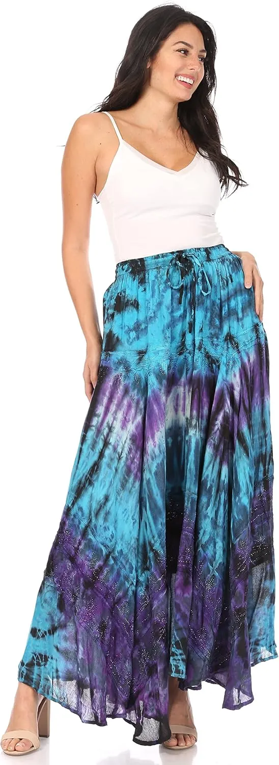 Sakkas Ester Womens Simple Boho Maxi Full Circle Tie-dye Skirt with Elastic Waist