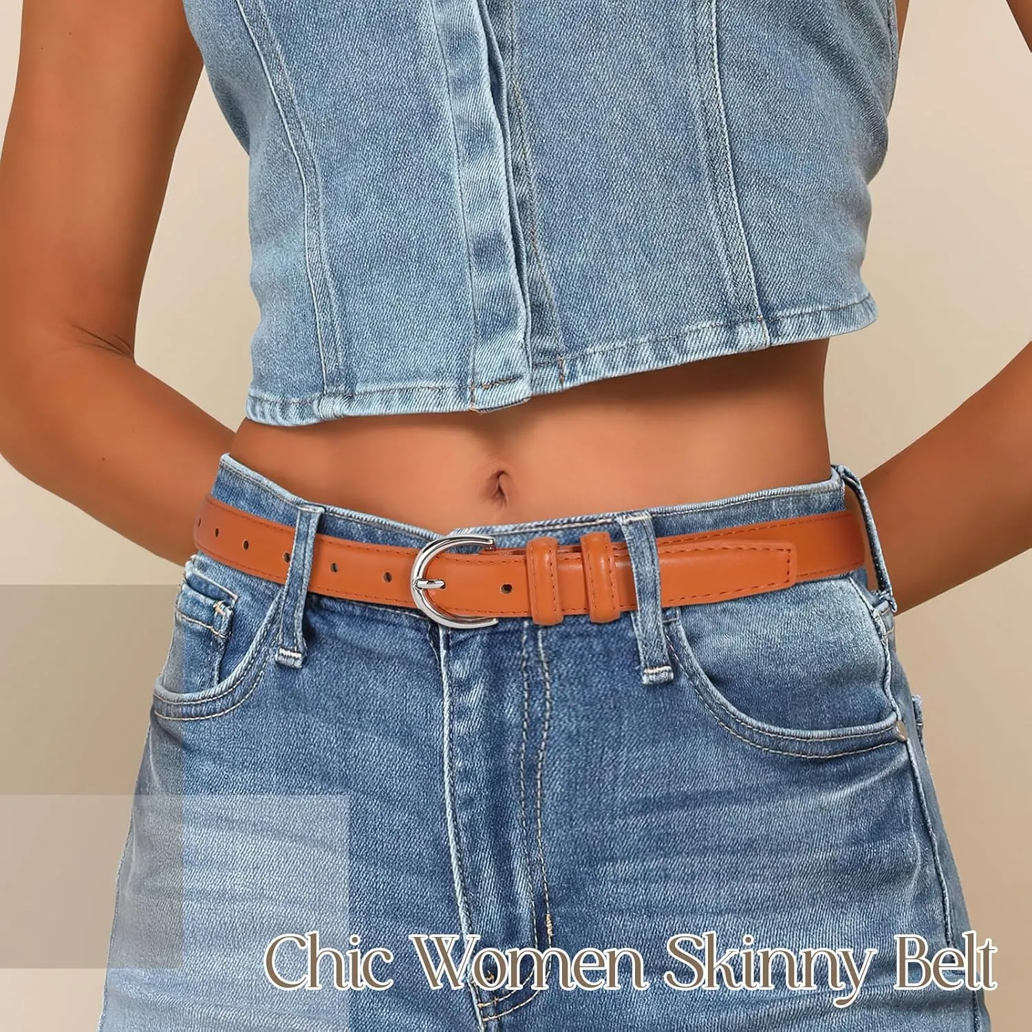 SANSTHS Women Leather Belt for Jeans Pants Fashion Ladies Skinny Belt for Dresses Thin Belt with Single Prong Buckle