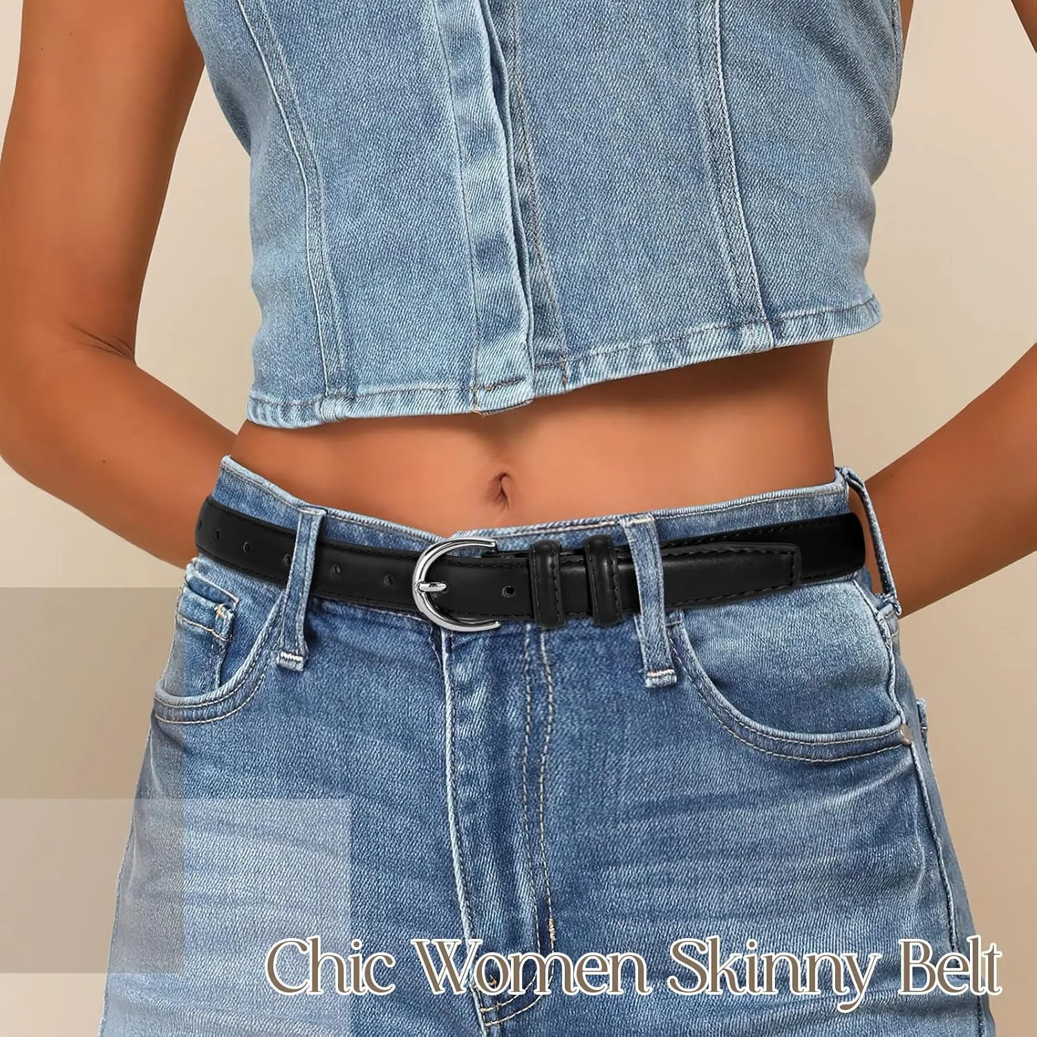 SANSTHS Women Leather Belt for Jeans Pants Fashion Ladies Skinny Belt for Dresses Thin Belt with Single Prong Buckle
