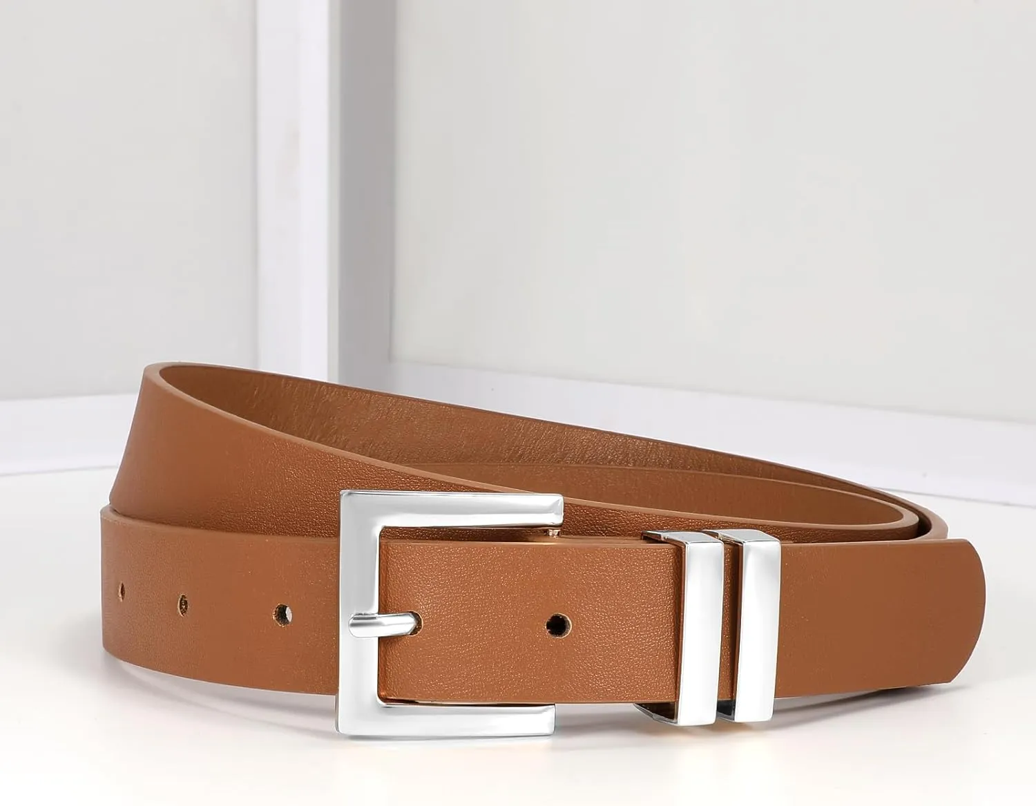 SANSTHS Women's Leather Belt for Jeans Pants Dresses Fashion Ladies Belt Square Gold/Silver Buckle Waist Belt for Women