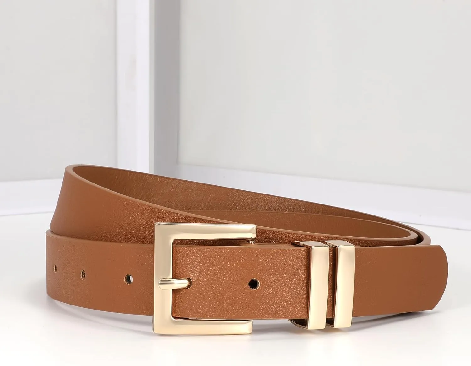 SANSTHS Women's Leather Belt for Jeans Pants Dresses Fashion Ladies Belt Square Gold/Silver Buckle Waist Belt for Women