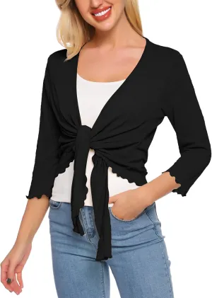 SATINIOR Womens Sheer Shrug Bolero Tie Knot Cardigan Lightweight with 3/4 Lace Sleeves