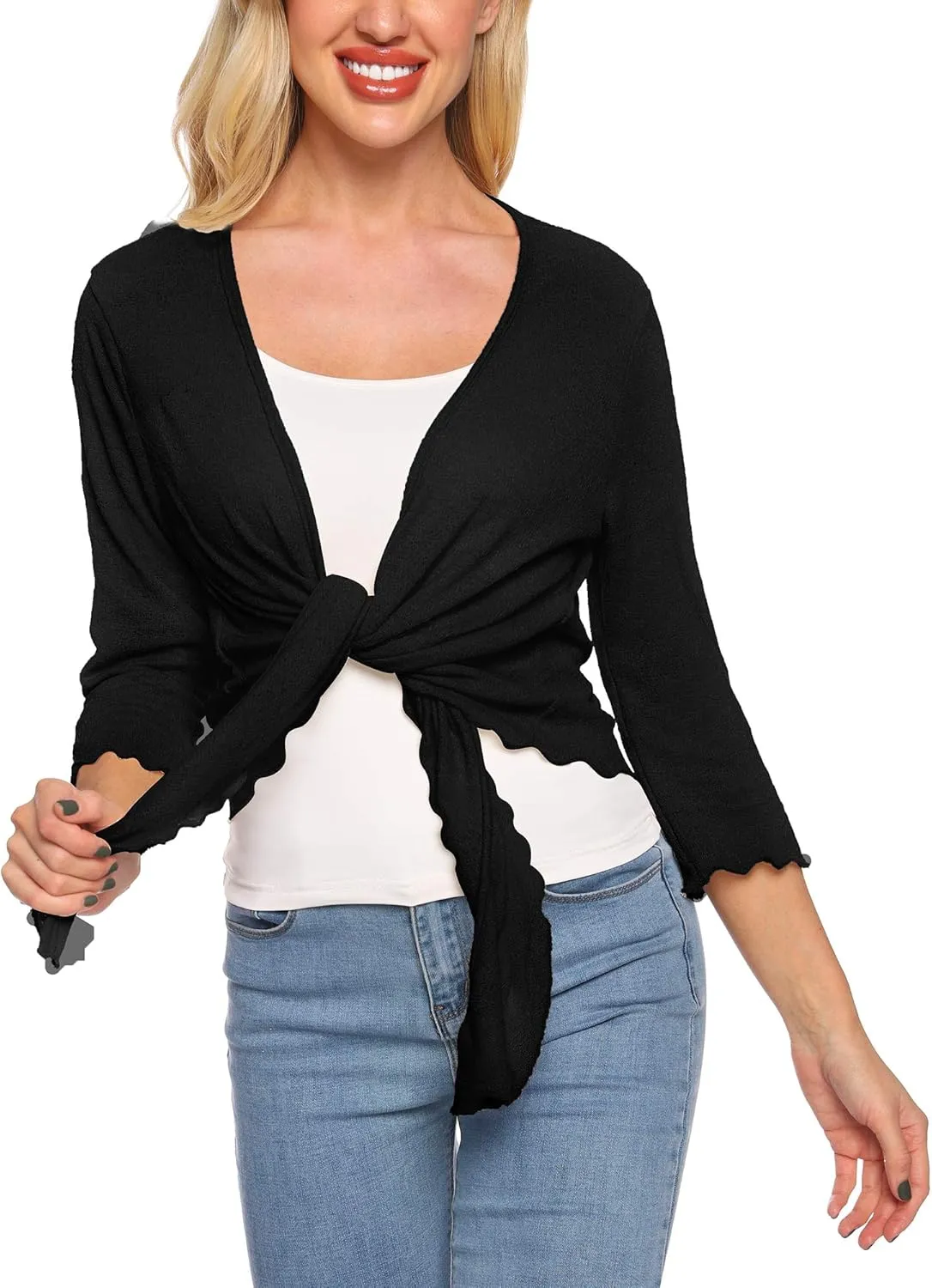 SATINIOR Womens Sheer Shrug Bolero Tie Knot Cardigan Lightweight with 3/4 Lace Sleeves