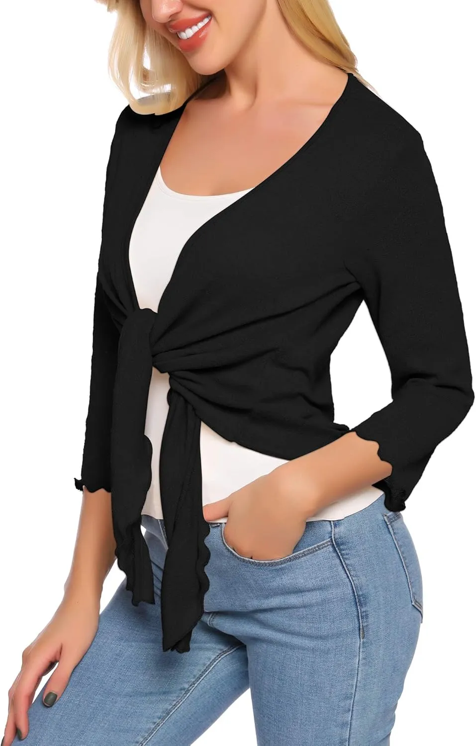 SATINIOR Womens Sheer Shrug Bolero Tie Knot Cardigan Lightweight with 3/4 Lace Sleeves
