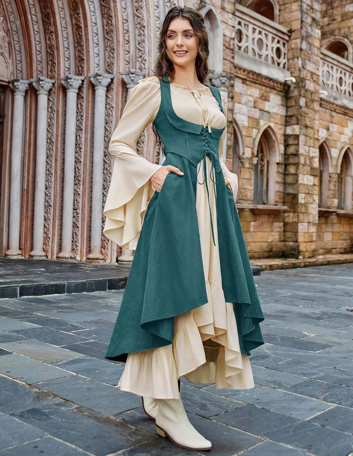 Scarlet Darkness Women Renaissance Costume Underbust Pirate Peasant High Low Dress with Pockets
