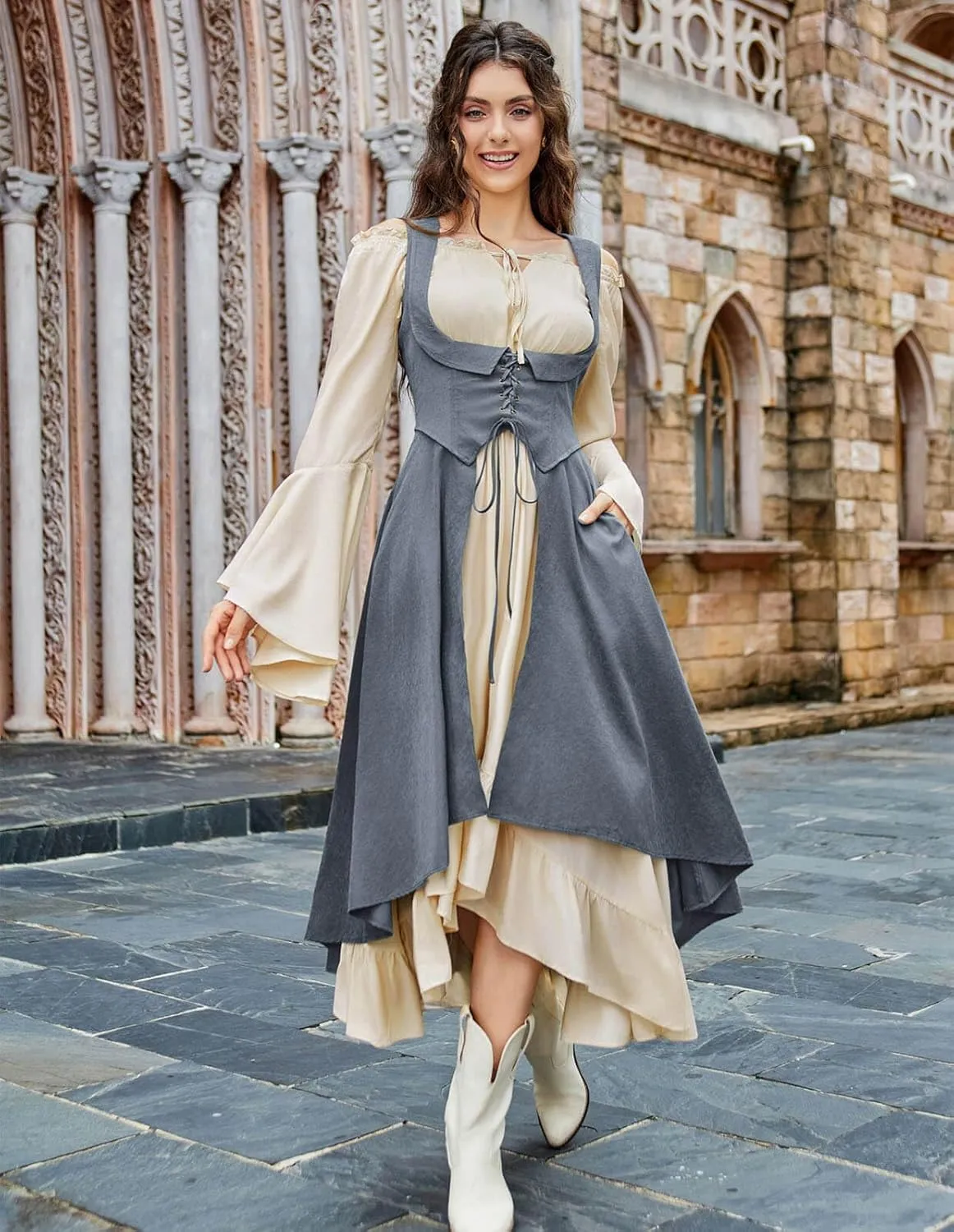 Scarlet Darkness Women Renaissance Costume Underbust Pirate Peasant High Low Dress with Pockets