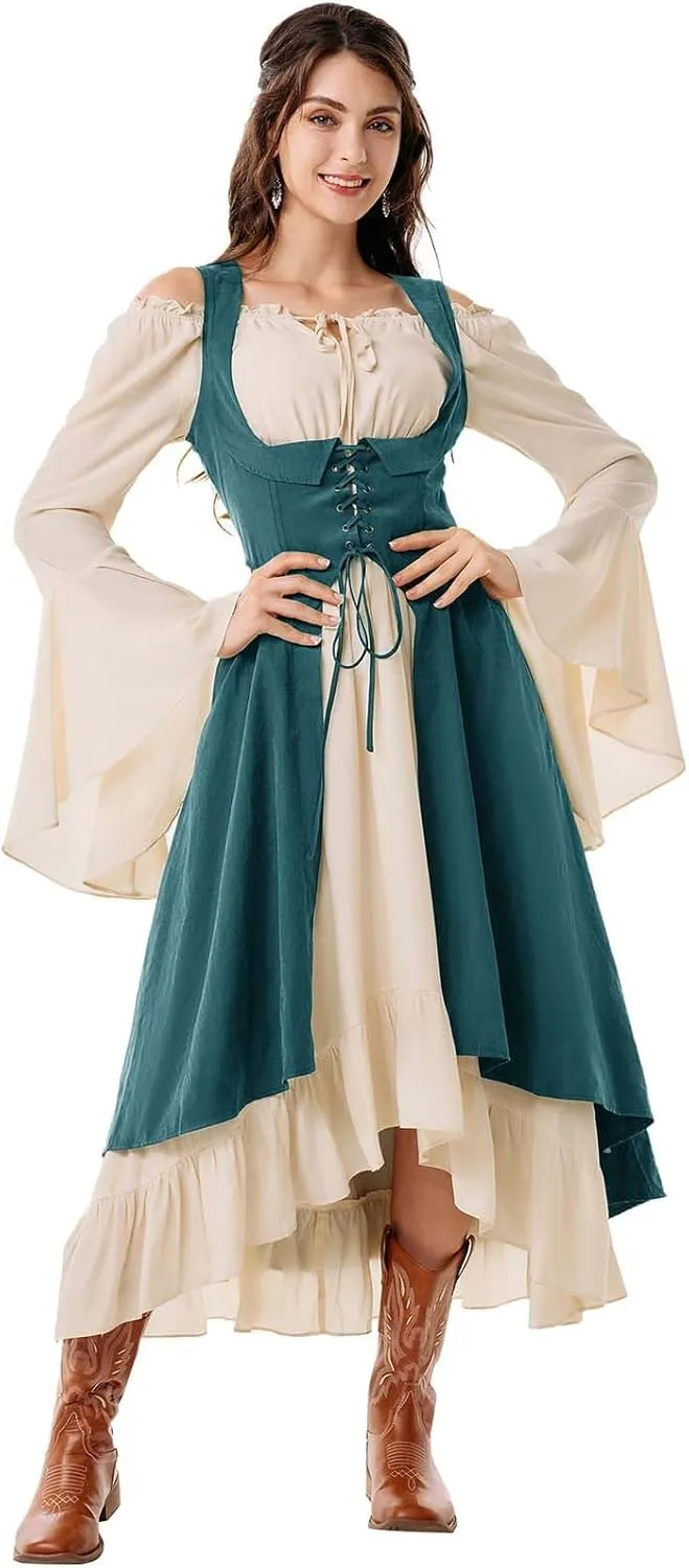 Scarlet Darkness Women Renaissance Costume Underbust Pirate Peasant High Low Dress with Pockets