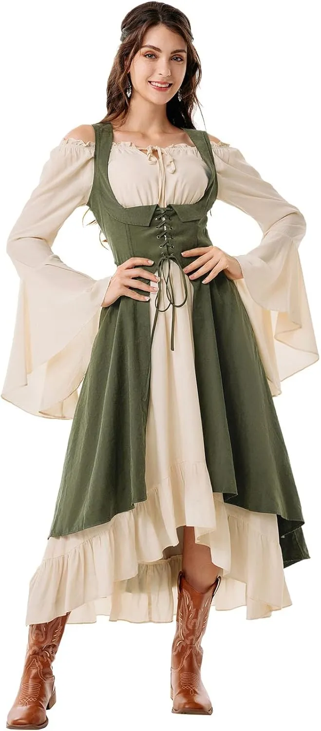 Scarlet Darkness Women Renaissance Costume Underbust Pirate Peasant High Low Dress with Pockets