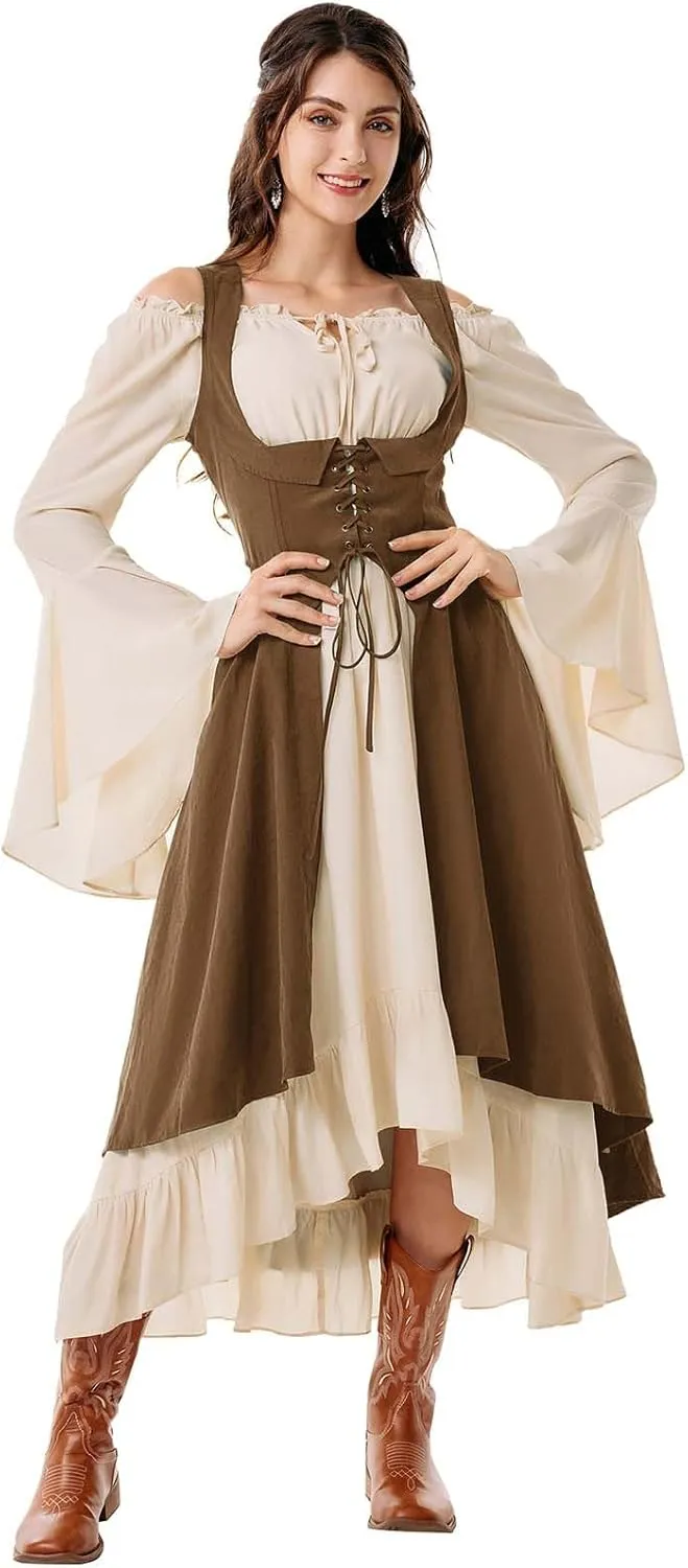Scarlet Darkness Women Renaissance Costume Underbust Pirate Peasant High Low Dress with Pockets