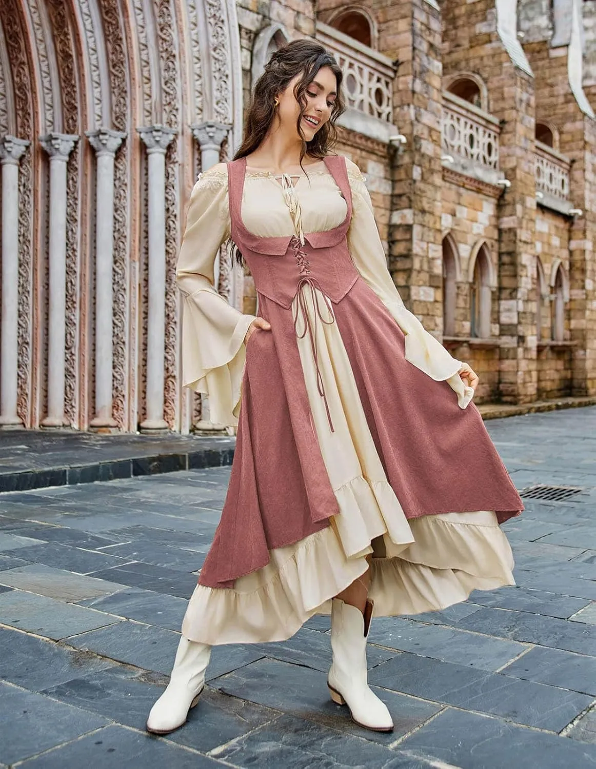 Scarlet Darkness Women Renaissance Costume Underbust Pirate Peasant High Low Dress with Pockets