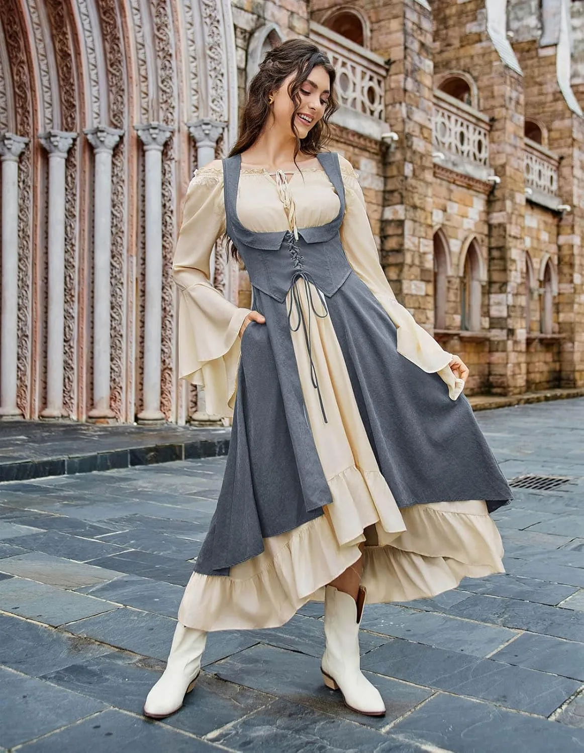 Scarlet Darkness Women Renaissance Costume Underbust Pirate Peasant High Low Dress with Pockets