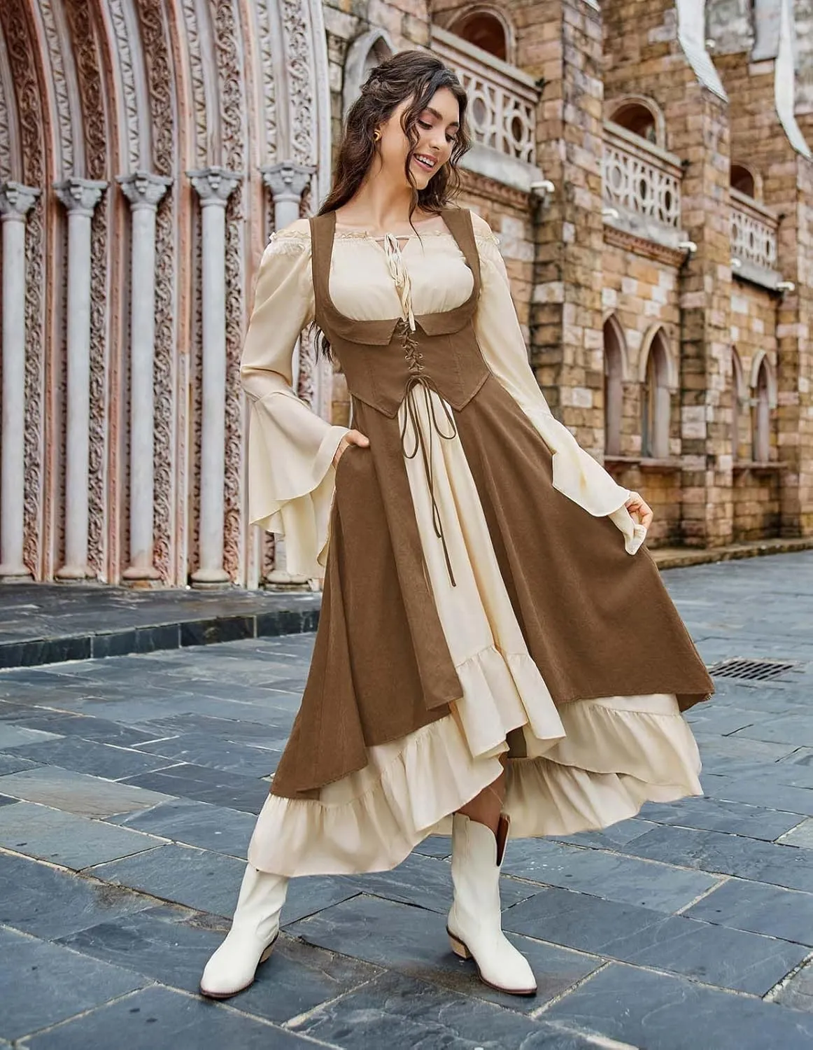 Scarlet Darkness Women Renaissance Costume Underbust Pirate Peasant High Low Dress with Pockets