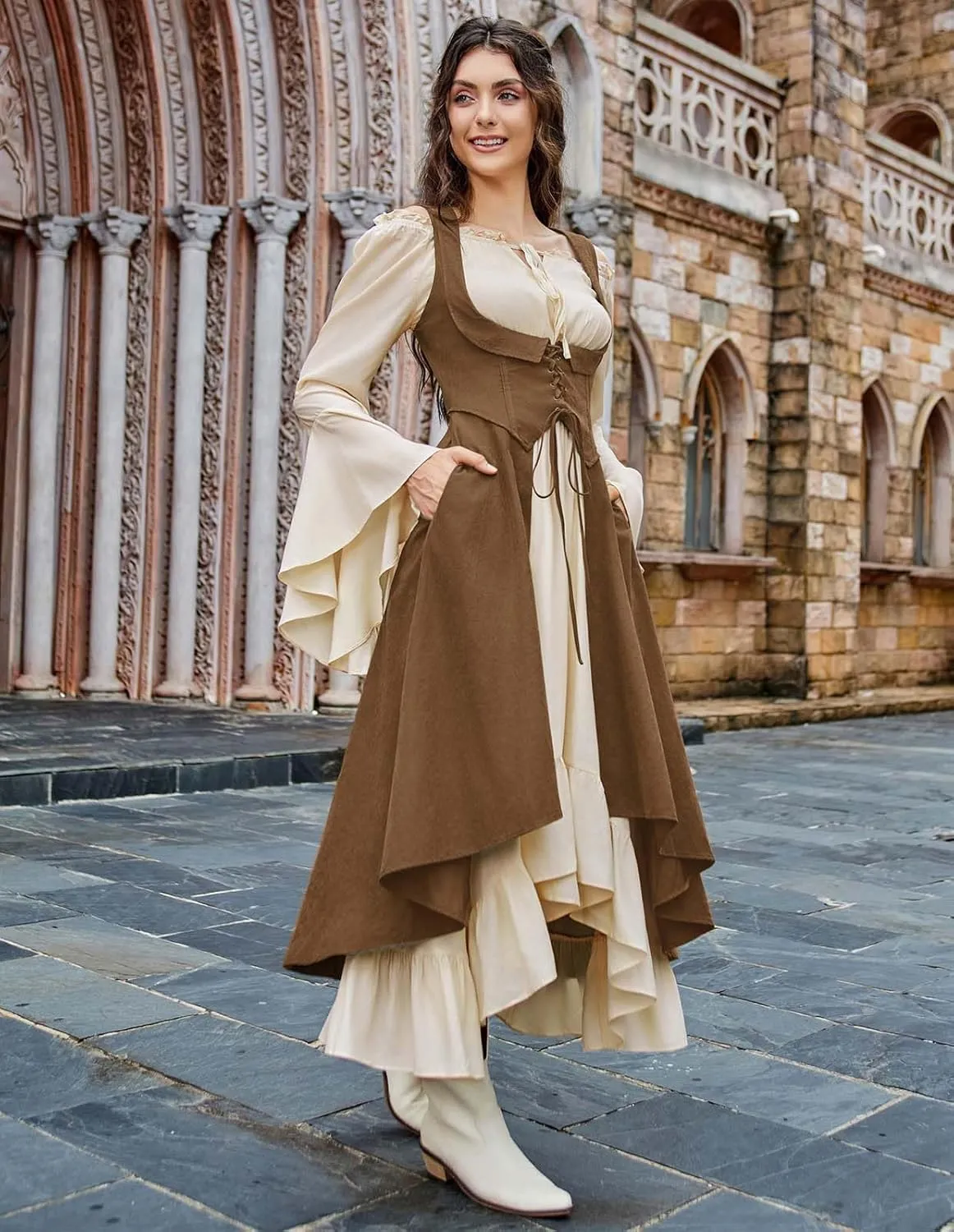 Scarlet Darkness Women Renaissance Costume Underbust Pirate Peasant High Low Dress with Pockets