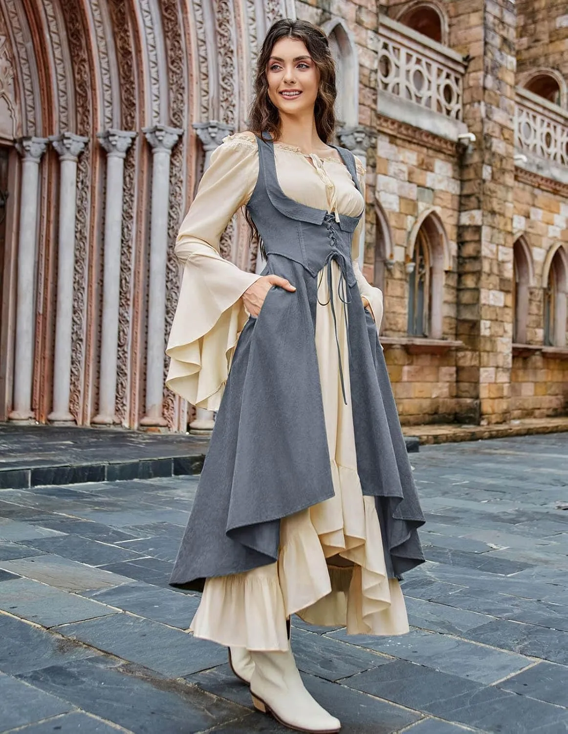 Scarlet Darkness Women Renaissance Costume Underbust Pirate Peasant High Low Dress with Pockets