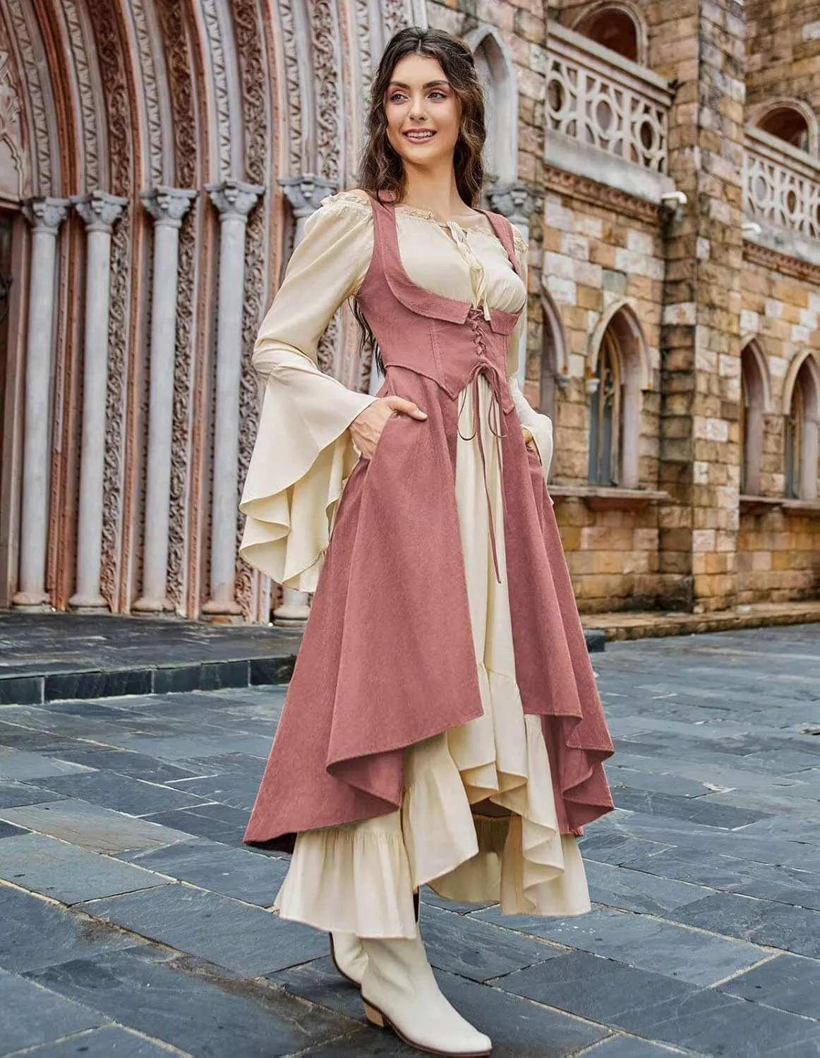 Scarlet Darkness Women Renaissance Costume Underbust Pirate Peasant High Low Dress with Pockets