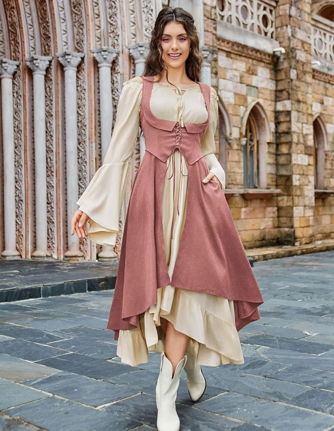 Scarlet Darkness Women Renaissance Costume Underbust Pirate Peasant High Low Dress with Pockets