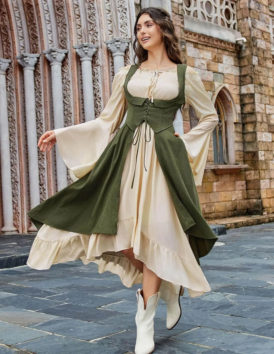 Scarlet Darkness Women Renaissance Costume Underbust Pirate Peasant High Low Dress with Pockets