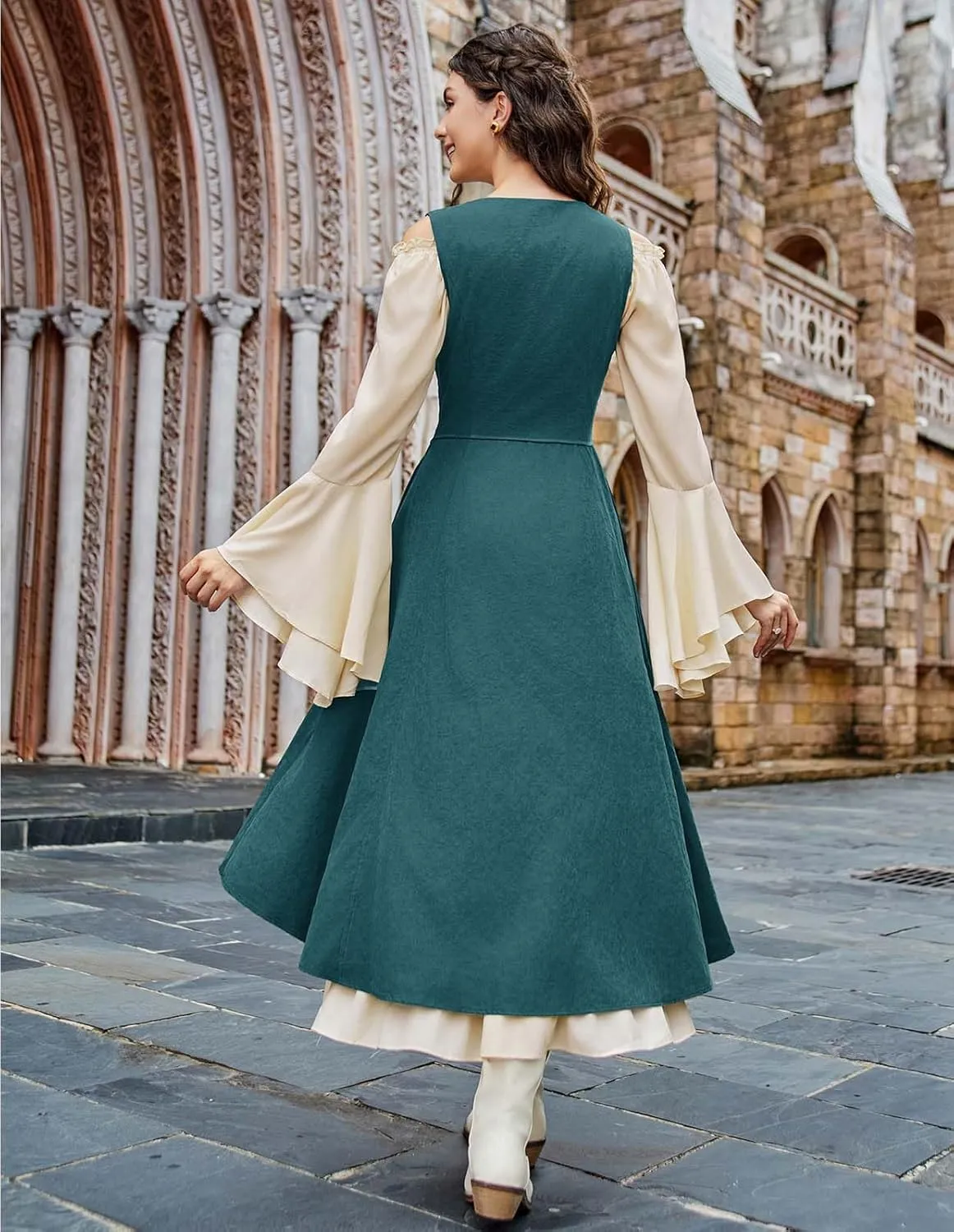 Scarlet Darkness Women Renaissance Costume Underbust Pirate Peasant High Low Dress with Pockets