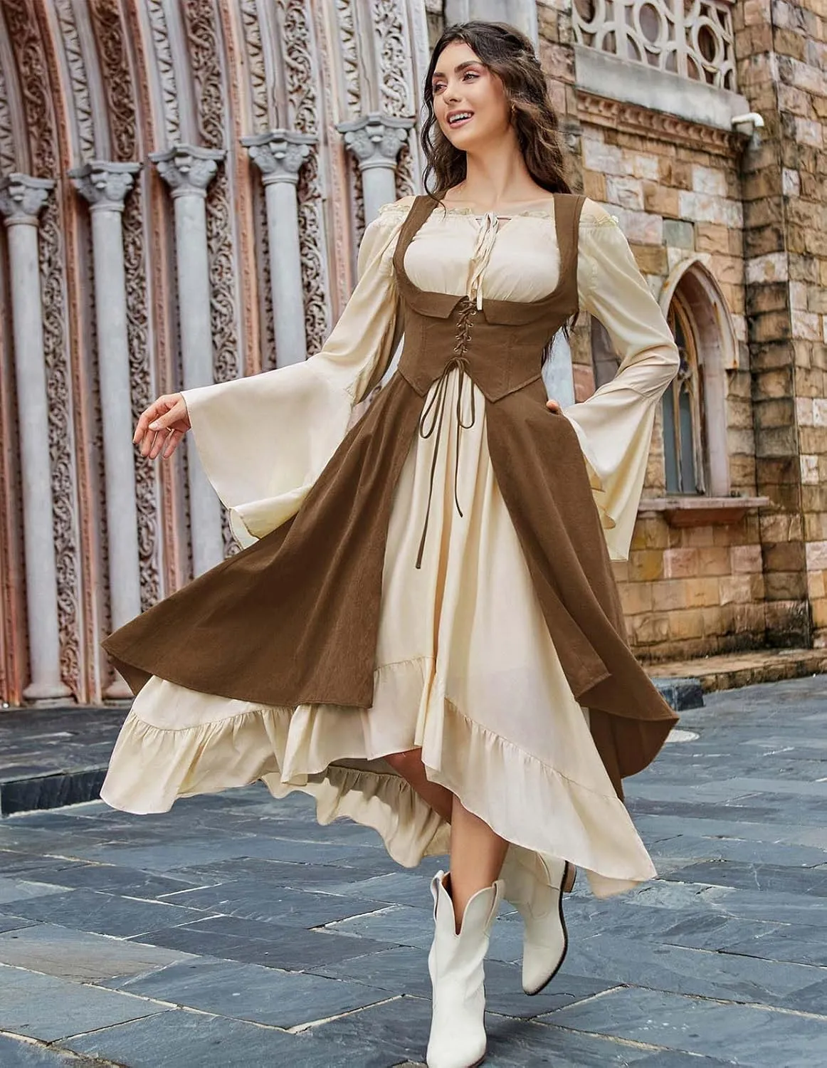 Scarlet Darkness Women Renaissance Costume Underbust Pirate Peasant High Low Dress with Pockets