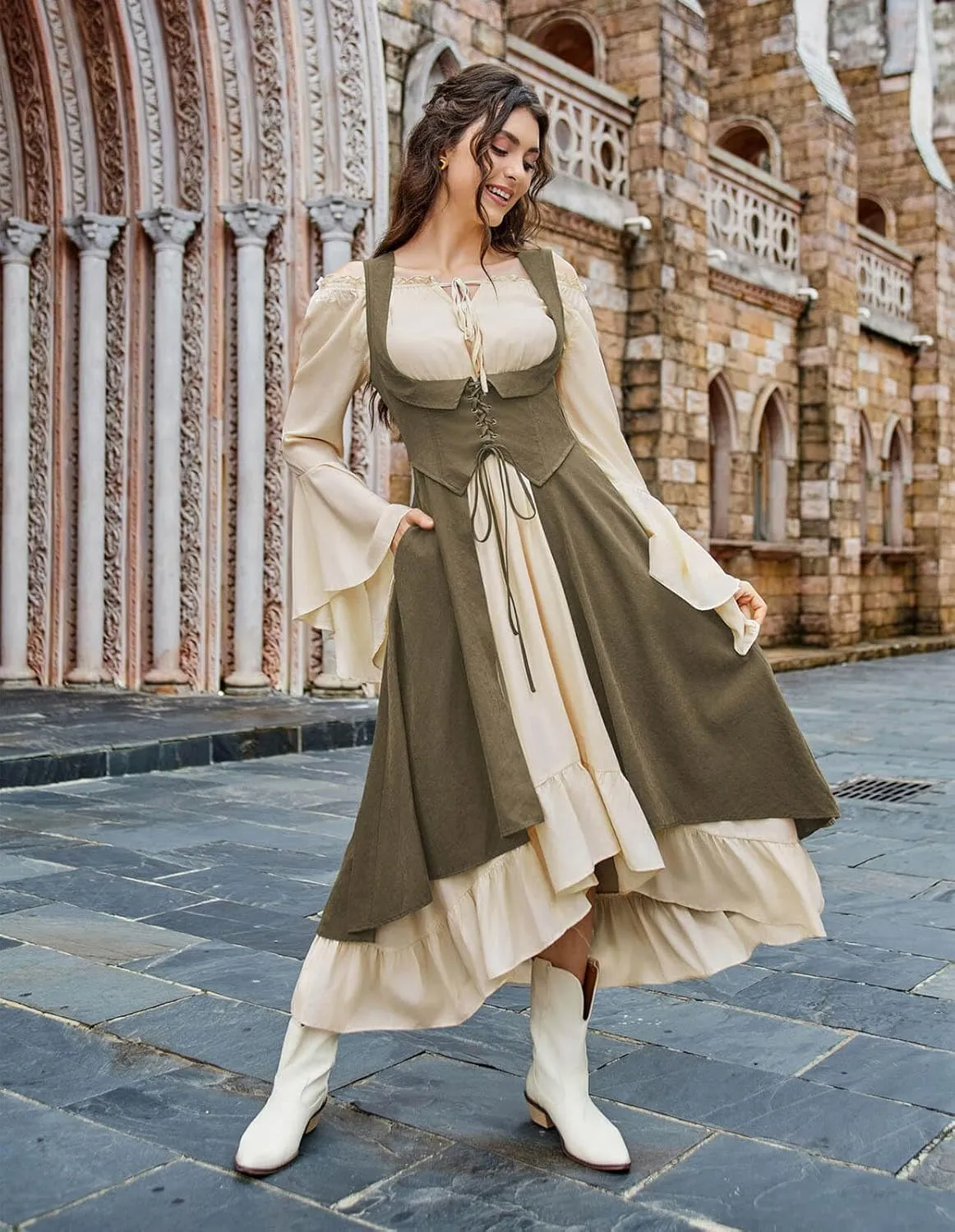 Scarlet Darkness Women Renaissance Costume Underbust Pirate Peasant High Low Dress with Pockets