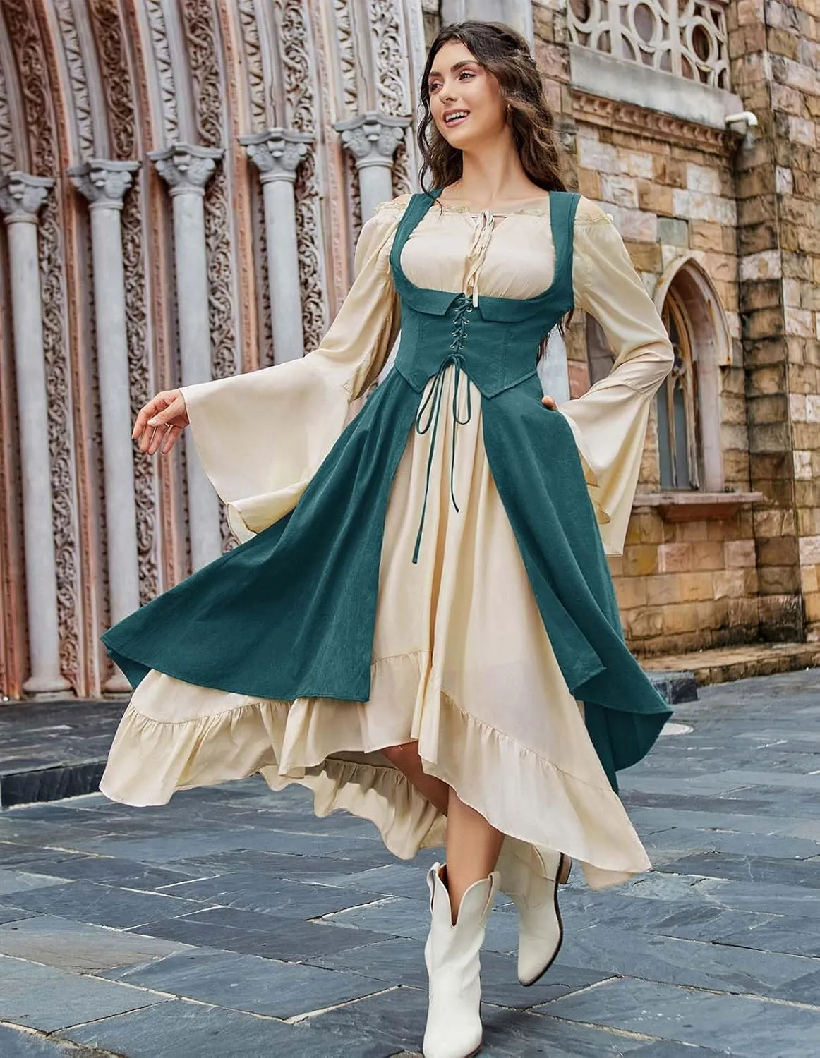 Scarlet Darkness Women Renaissance Costume Underbust Pirate Peasant High Low Dress with Pockets