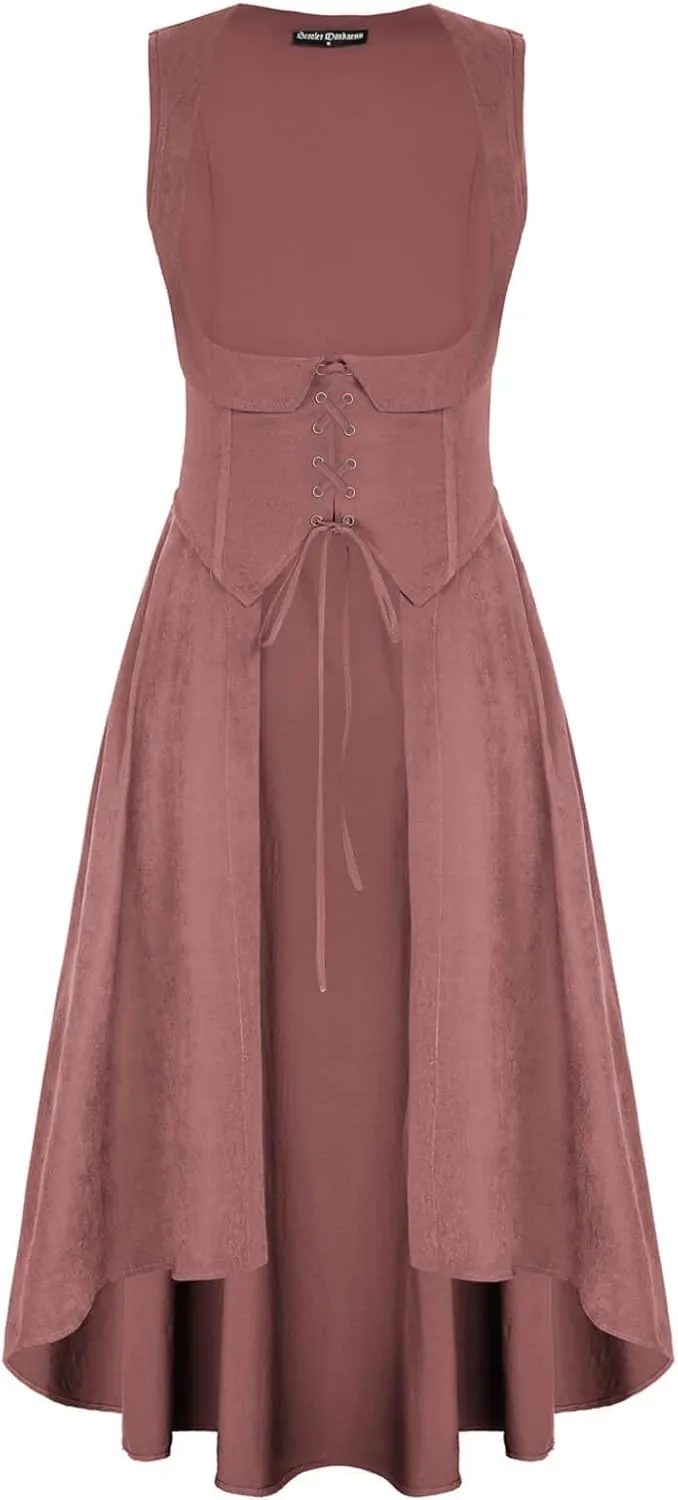 Scarlet Darkness Women Renaissance Costume Underbust Pirate Peasant High Low Dress with Pockets
