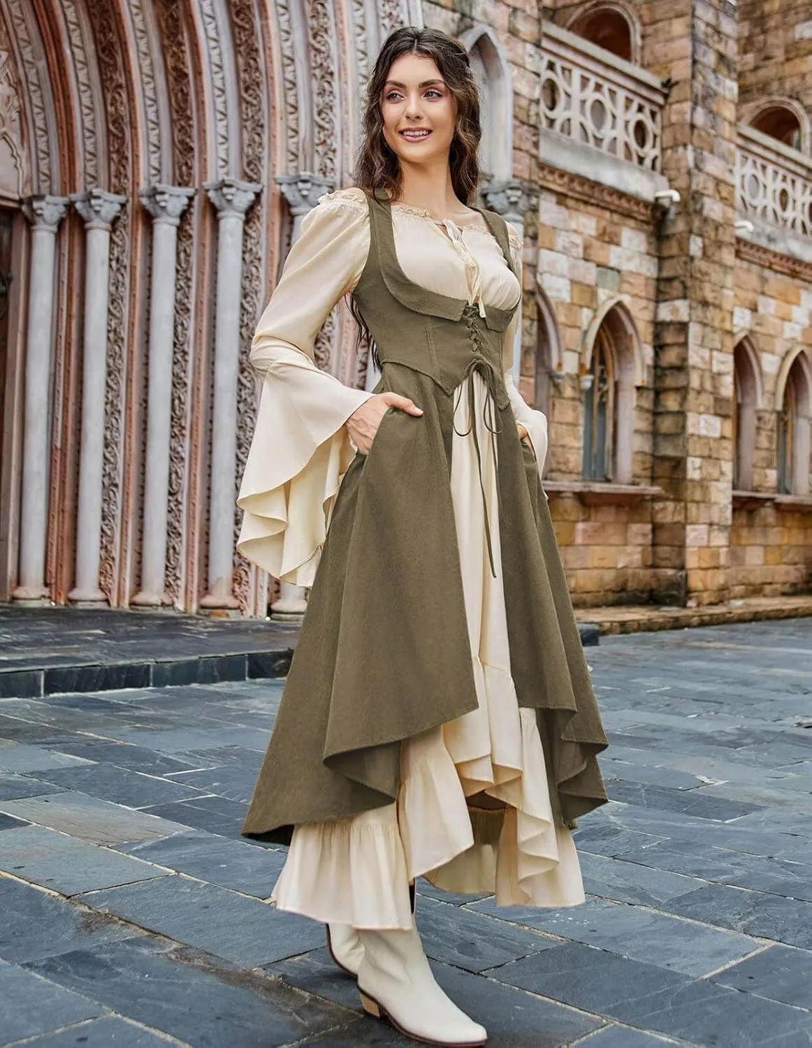Scarlet Darkness Women Renaissance Costume Underbust Pirate Peasant High Low Dress with Pockets