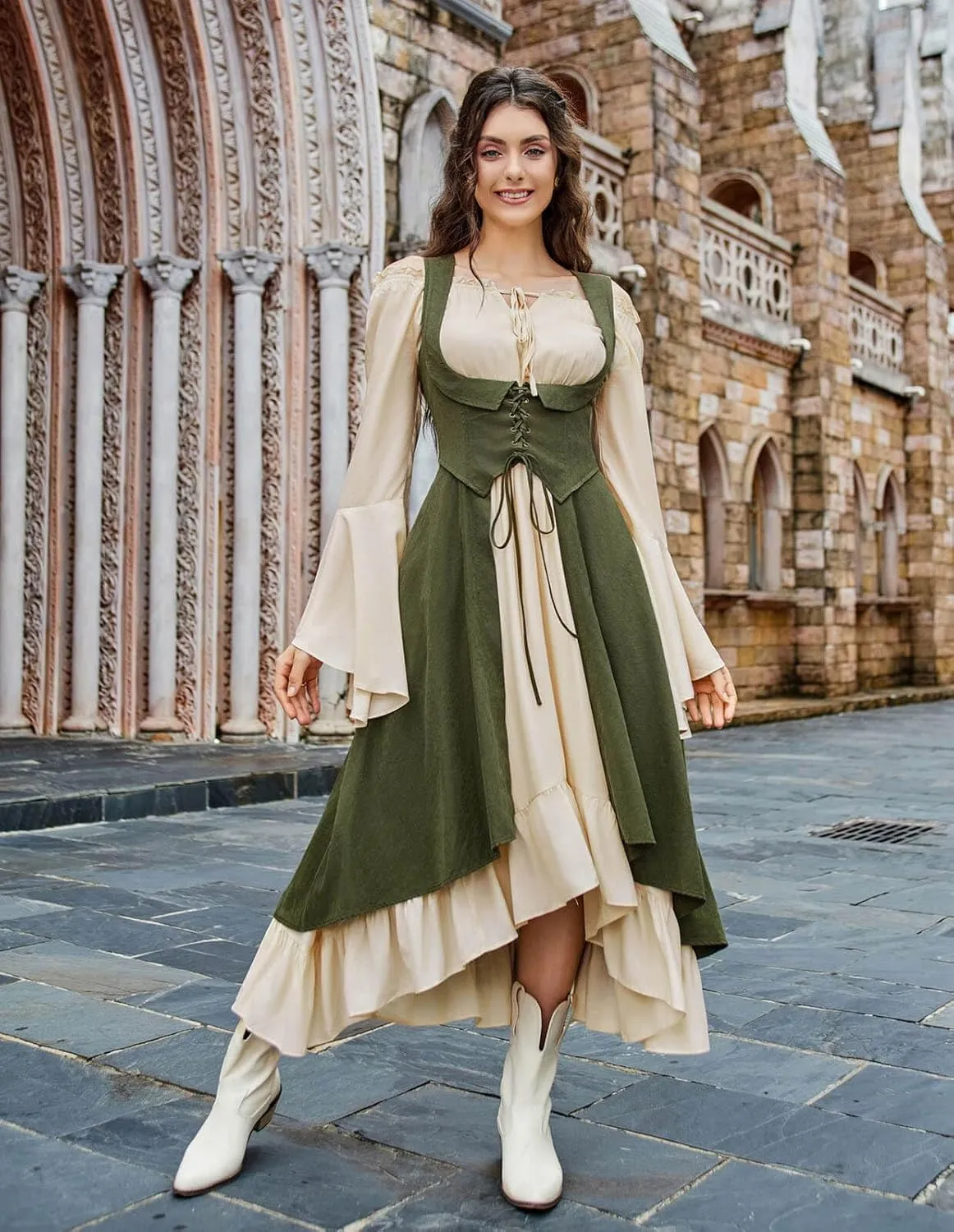 Scarlet Darkness Women Renaissance Costume Underbust Pirate Peasant High Low Dress with Pockets