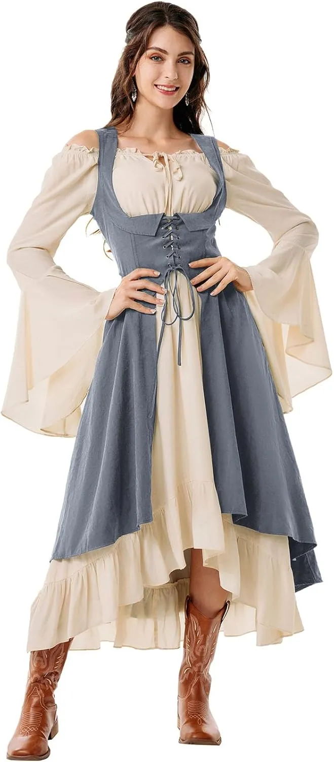 Scarlet Darkness Women Renaissance Costume Underbust Pirate Peasant High Low Dress with Pockets