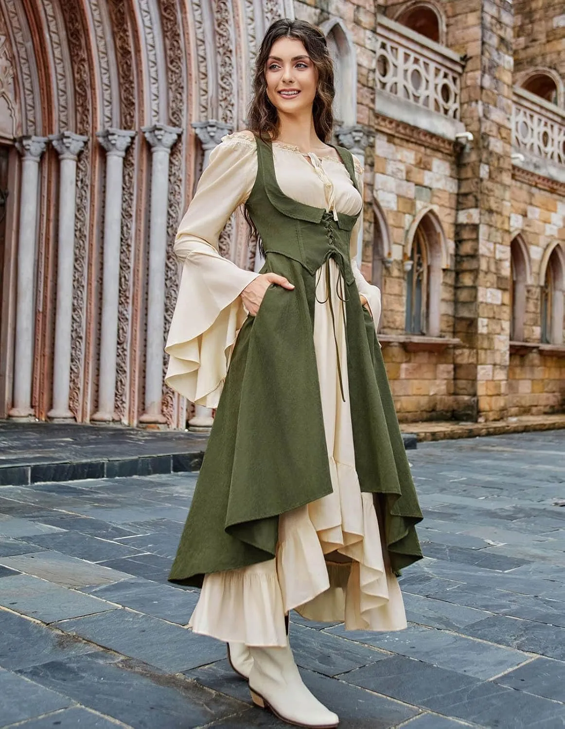 Scarlet Darkness Women Renaissance Costume Underbust Pirate Peasant High Low Dress with Pockets