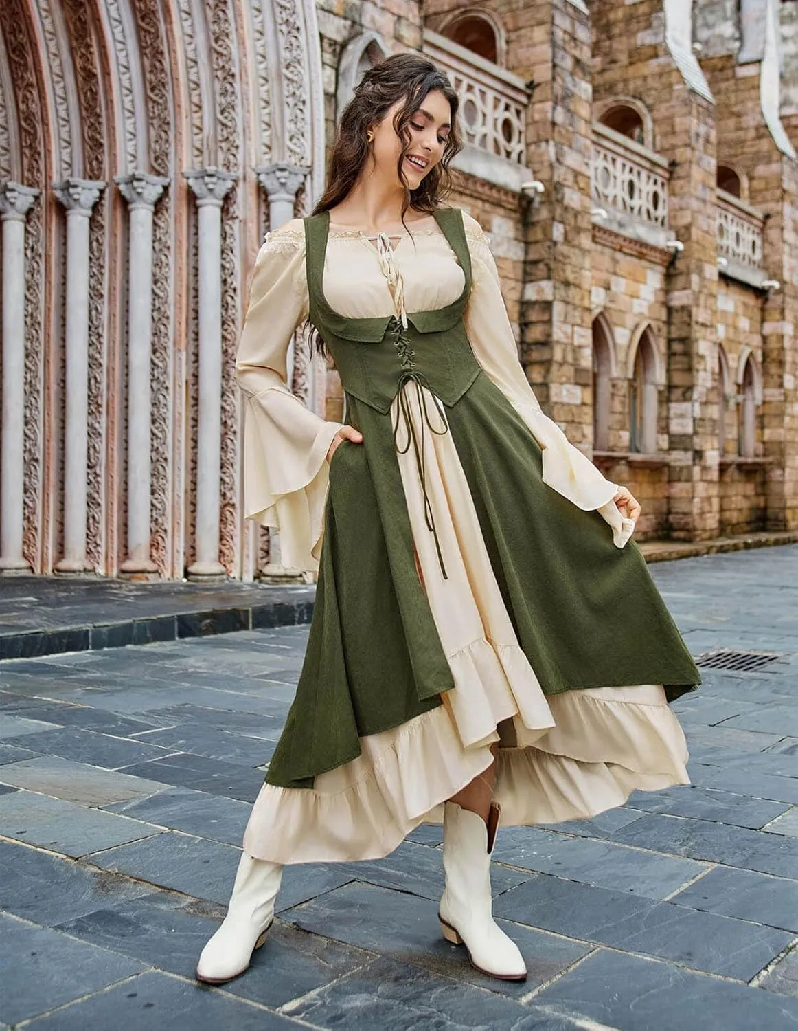 Scarlet Darkness Women Renaissance Costume Underbust Pirate Peasant High Low Dress with Pockets