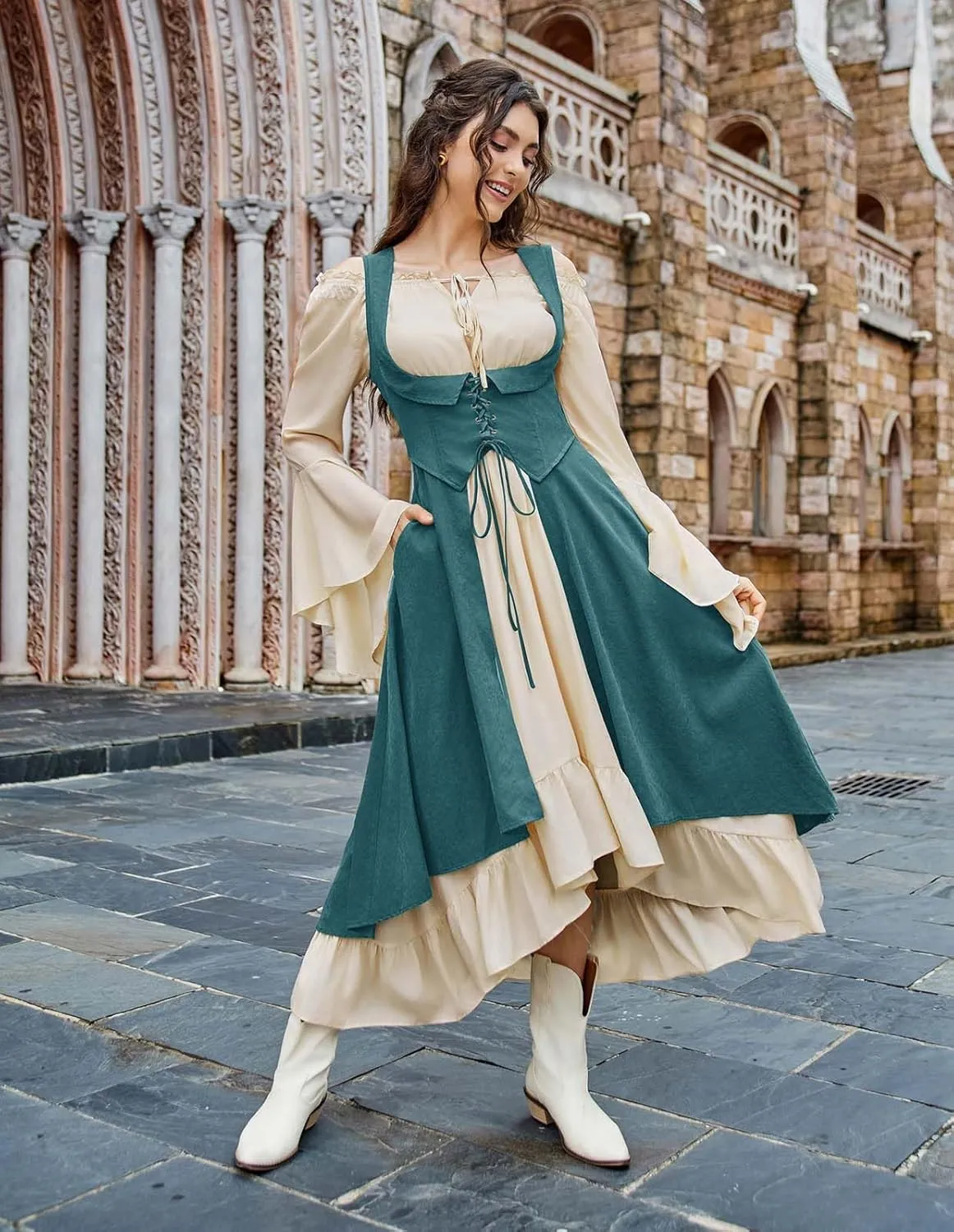 Scarlet Darkness Women Renaissance Costume Underbust Pirate Peasant High Low Dress with Pockets