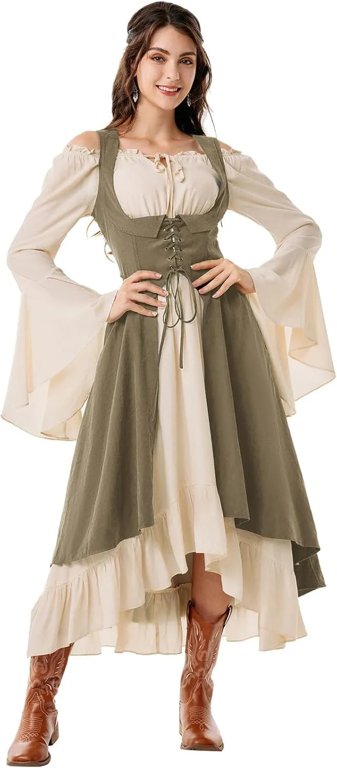 Scarlet Darkness Women Renaissance Costume Underbust Pirate Peasant High Low Dress with Pockets