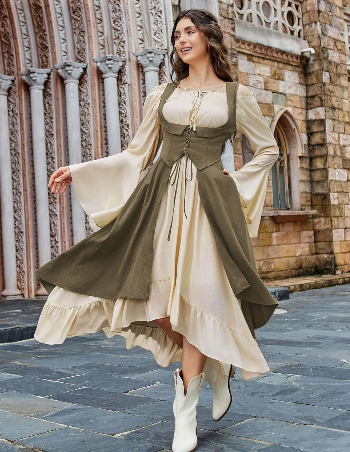 Scarlet Darkness Women Renaissance Costume Underbust Pirate Peasant High Low Dress with Pockets