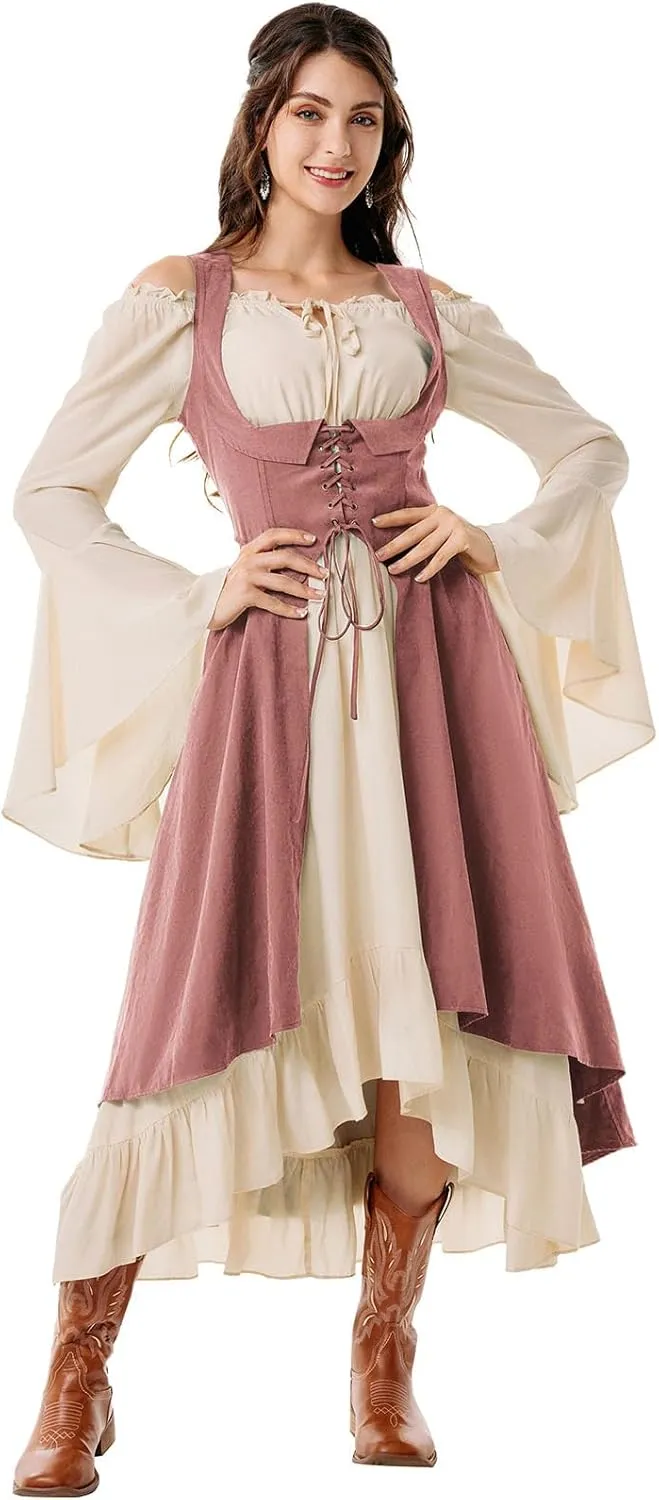 Scarlet Darkness Women Renaissance Costume Underbust Pirate Peasant High Low Dress with Pockets