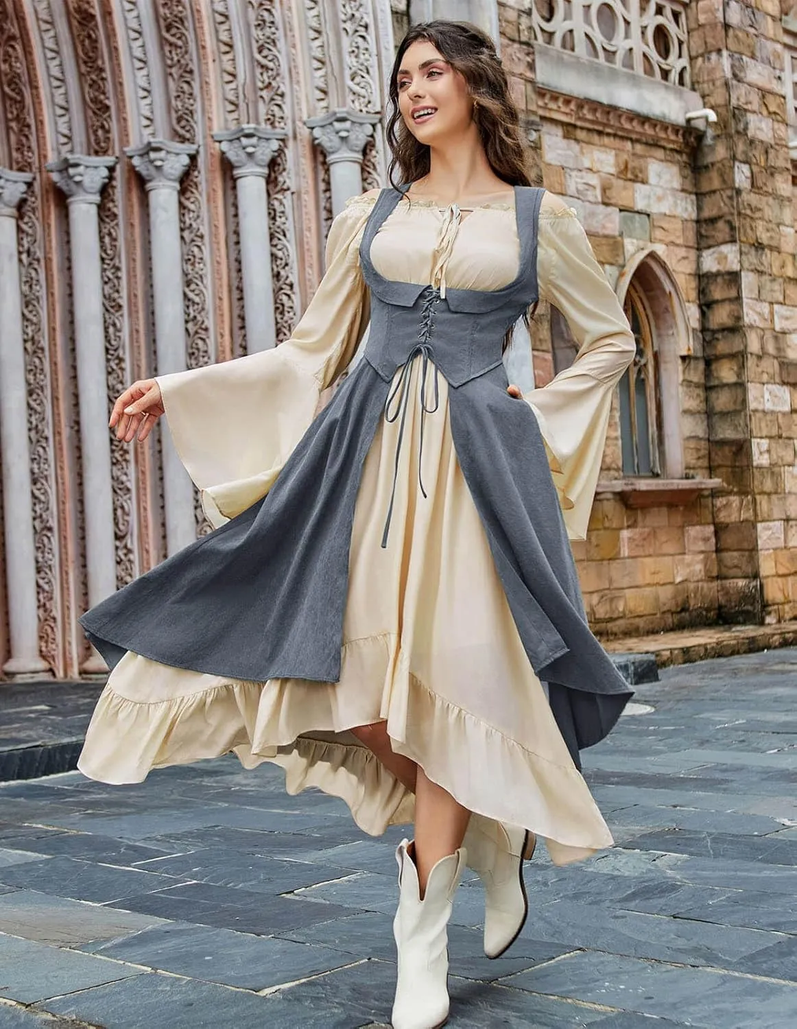 Scarlet Darkness Women Renaissance Costume Underbust Pirate Peasant High Low Dress with Pockets