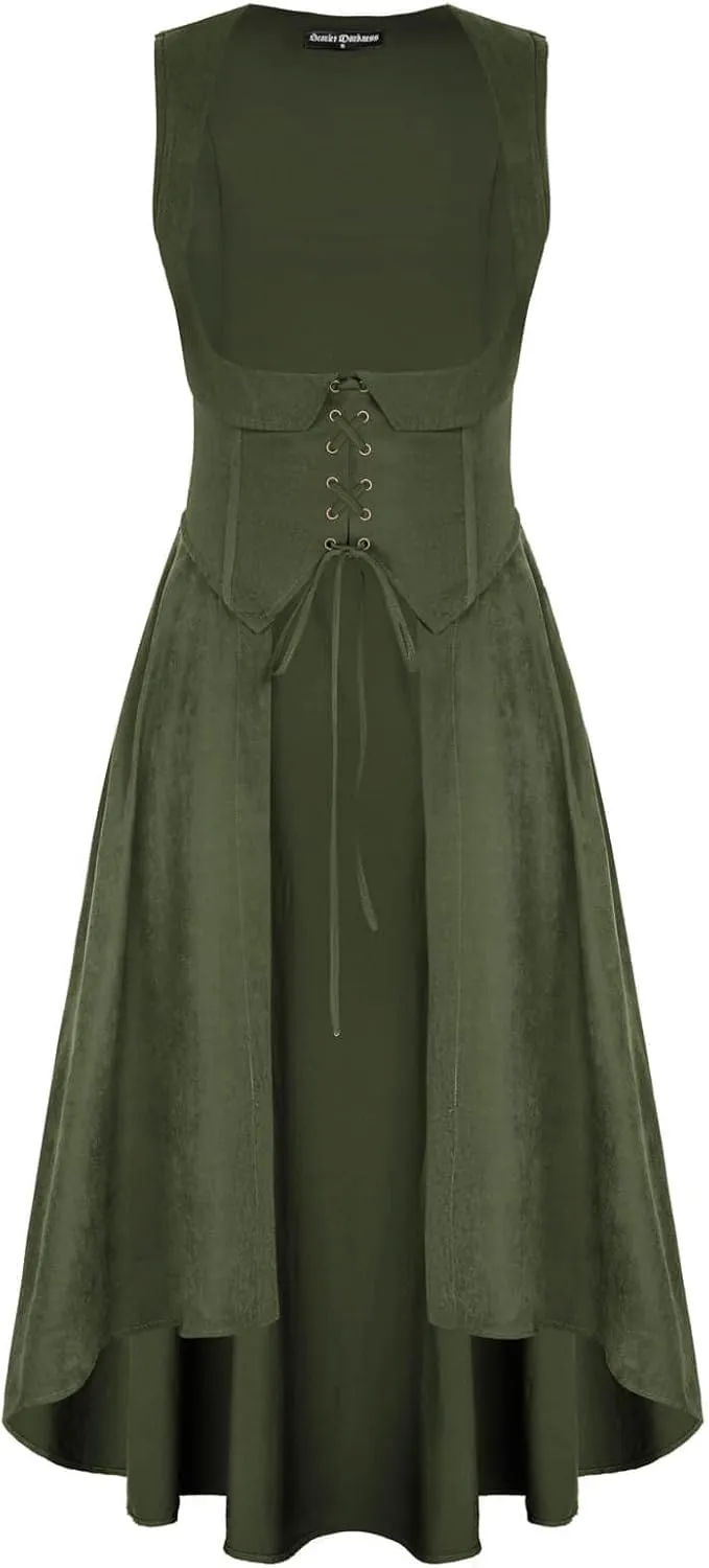 Scarlet Darkness Women Renaissance Costume Underbust Pirate Peasant High Low Dress with Pockets