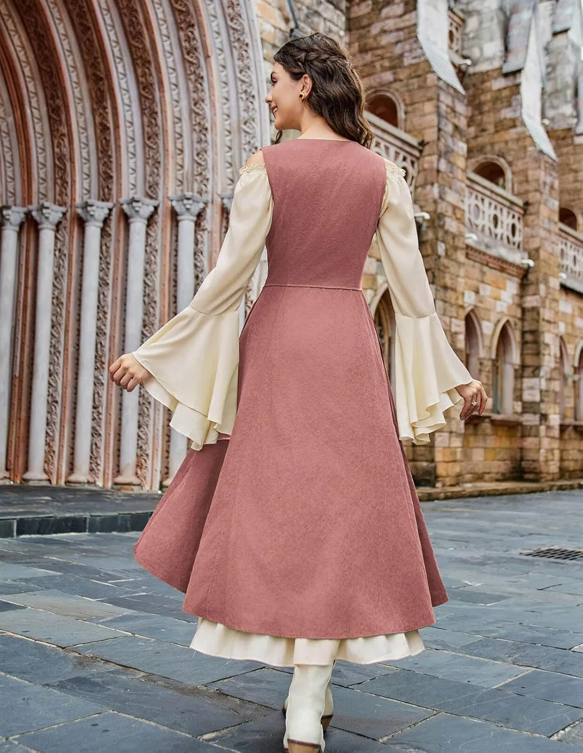 Scarlet Darkness Women Renaissance Costume Underbust Pirate Peasant High Low Dress with Pockets