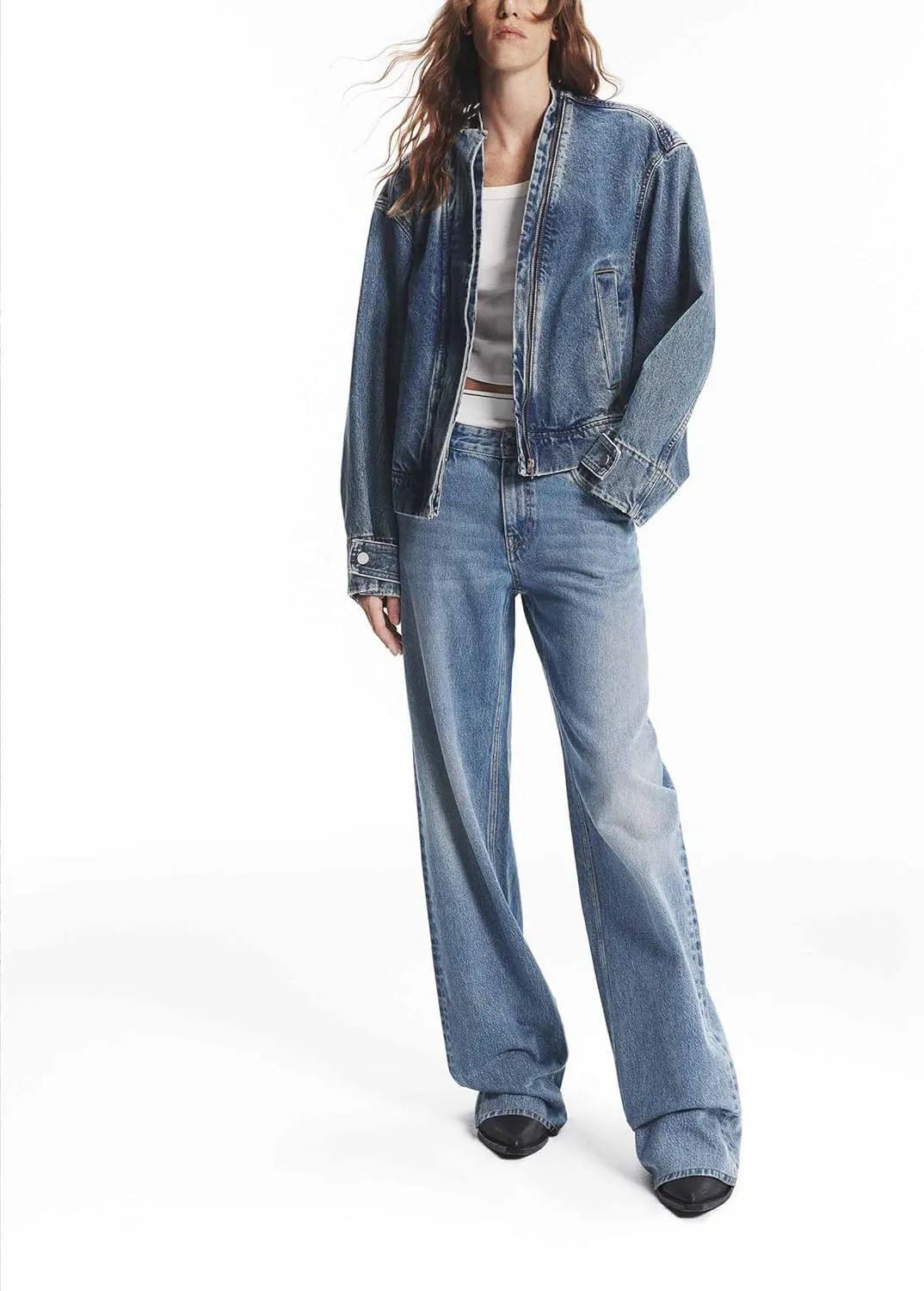 SCOFEEL Women's Oversized Denim Jacket Zip Up Collarless Long Sleeve Boyfriend Loose Fit Jean Coat with Pockets