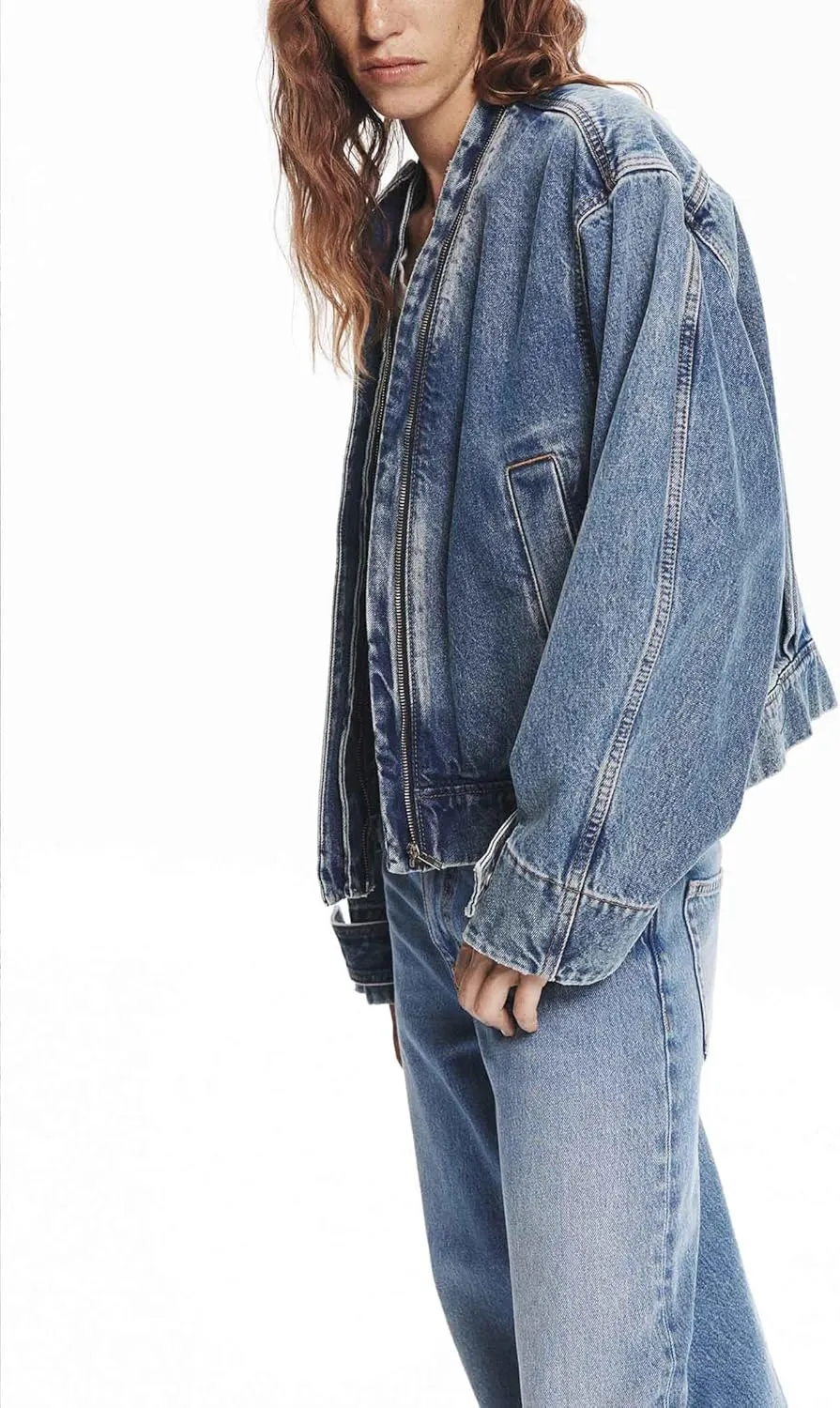 SCOFEEL Women's Oversized Denim Jacket Zip Up Collarless Long Sleeve Boyfriend Loose Fit Jean Coat with Pockets