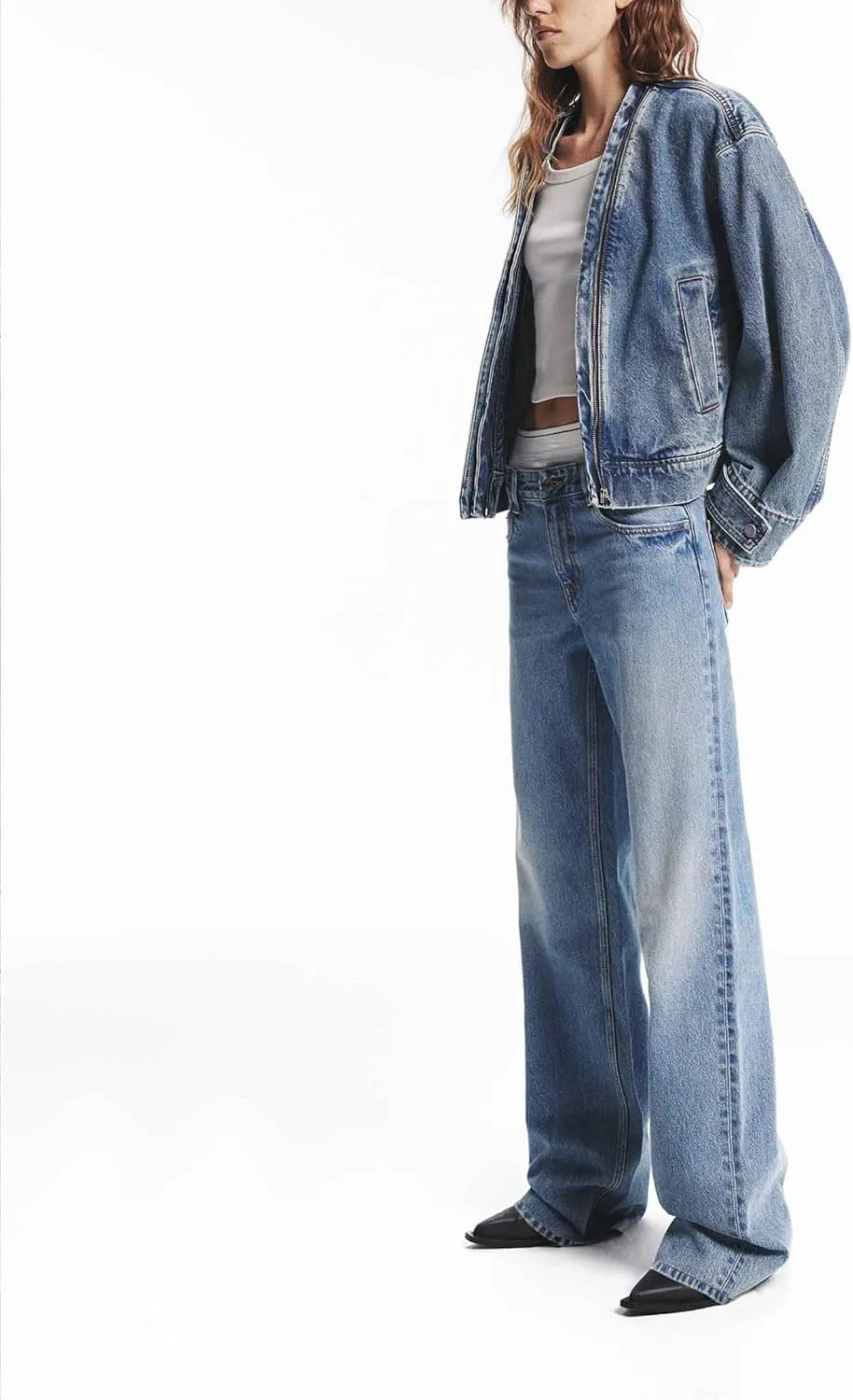 SCOFEEL Women's Oversized Denim Jacket Zip Up Collarless Long Sleeve Boyfriend Loose Fit Jean Coat with Pockets