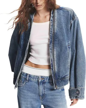 SCOFEEL Women's Oversized Denim Jacket Zip Up Collarless Long Sleeve Boyfriend Loose Fit Jean Coat with Pockets