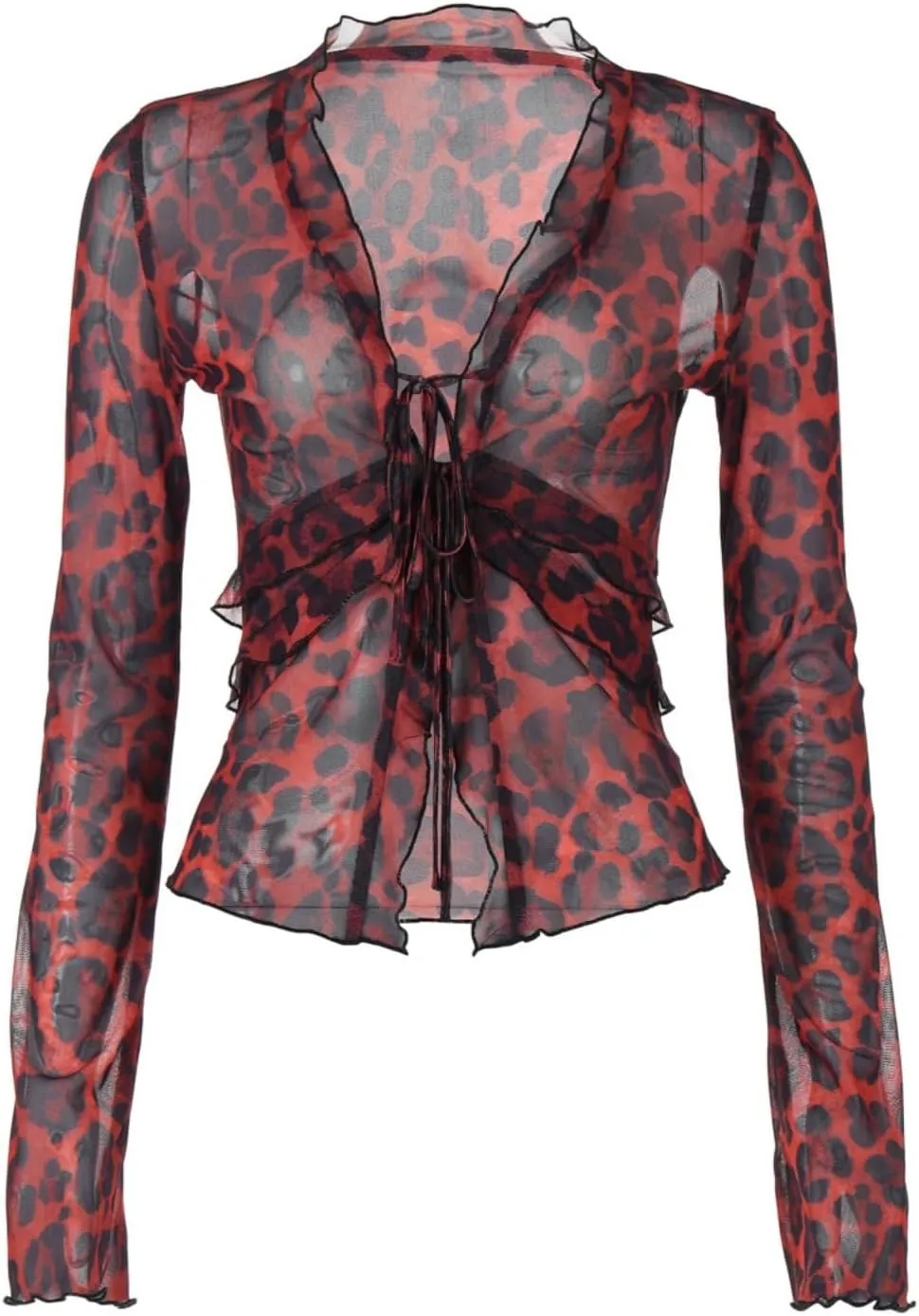 See Through Top Leopard Cardigan Sheer Mesh Bell Sleeve Crop Tops Cheetah Y2K V Neck Ruffle Tie Front Blouse Shirts