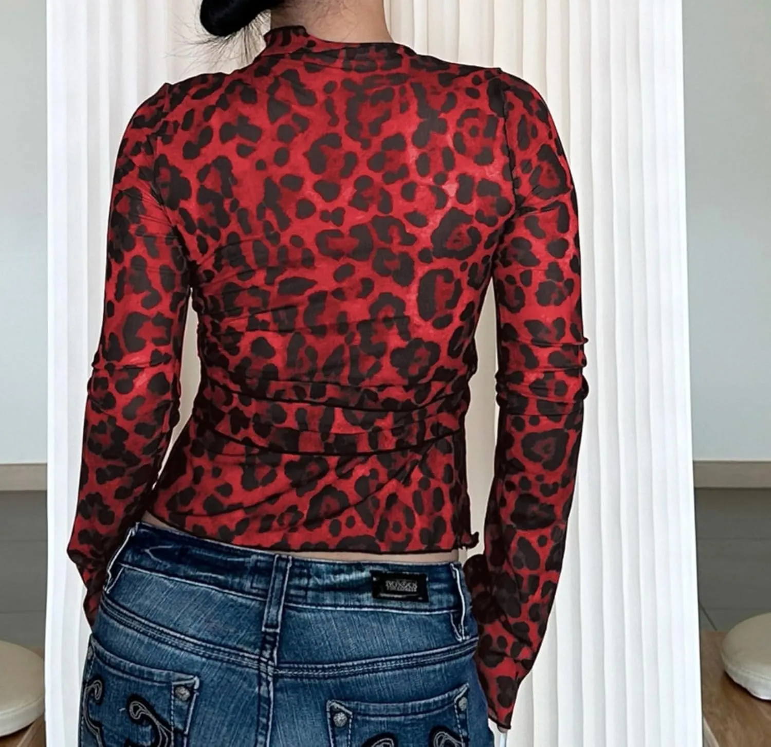 See Through Top Leopard Cardigan Sheer Mesh Bell Sleeve Crop Tops Cheetah Y2K V Neck Ruffle Tie Front Blouse Shirts