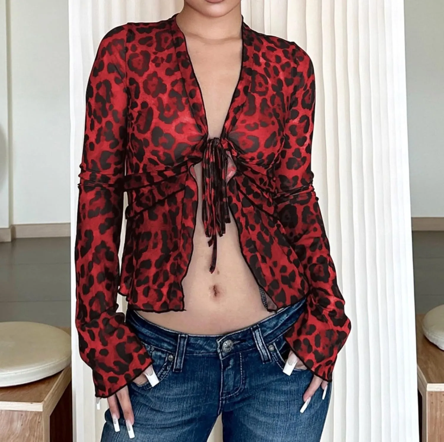 See Through Top Leopard Cardigan Sheer Mesh Bell Sleeve Crop Tops Cheetah Y2K V Neck Ruffle Tie Front Blouse Shirts